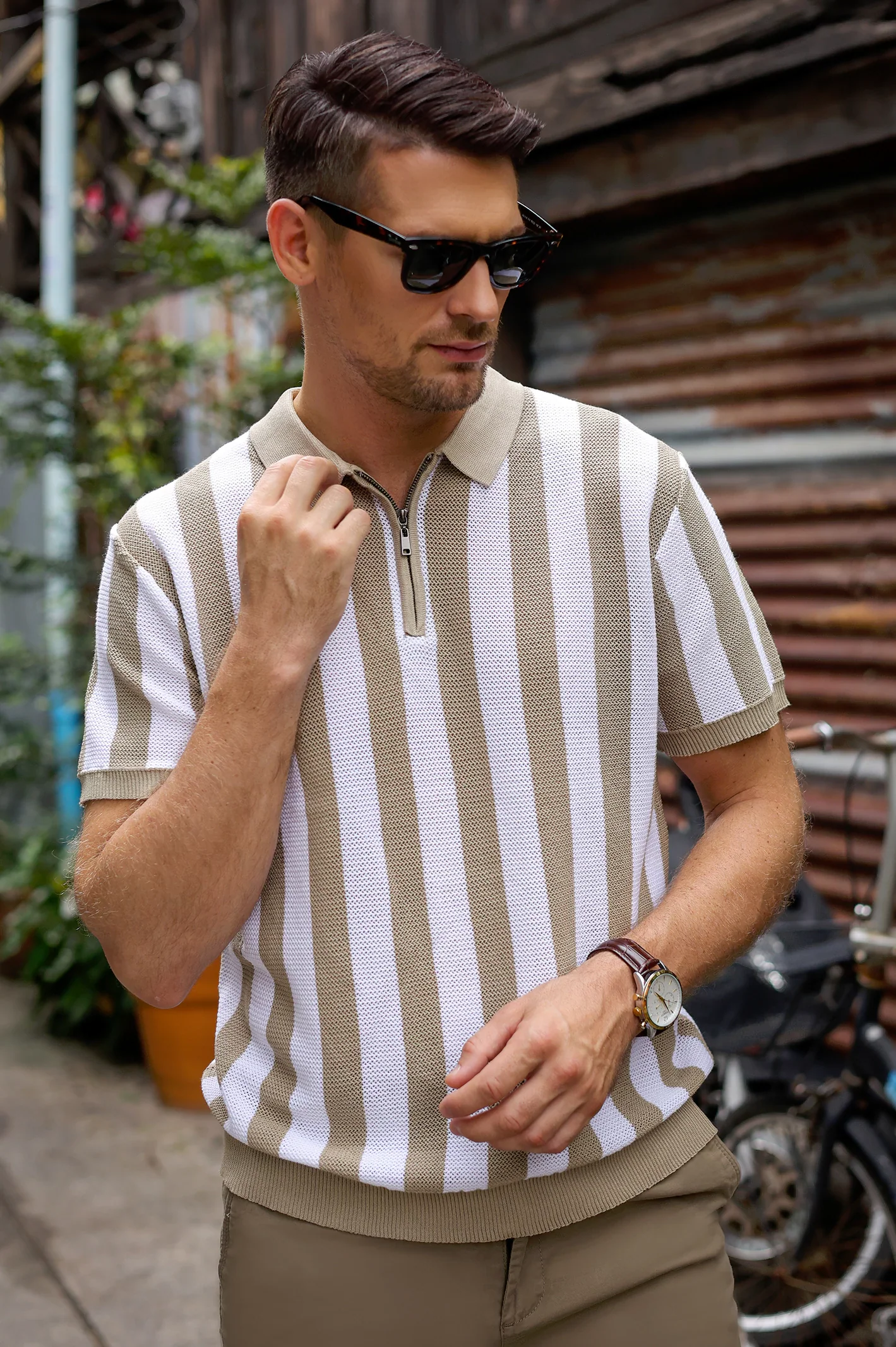 Men's Fawn Striped Flat Knit Polo - Image 3