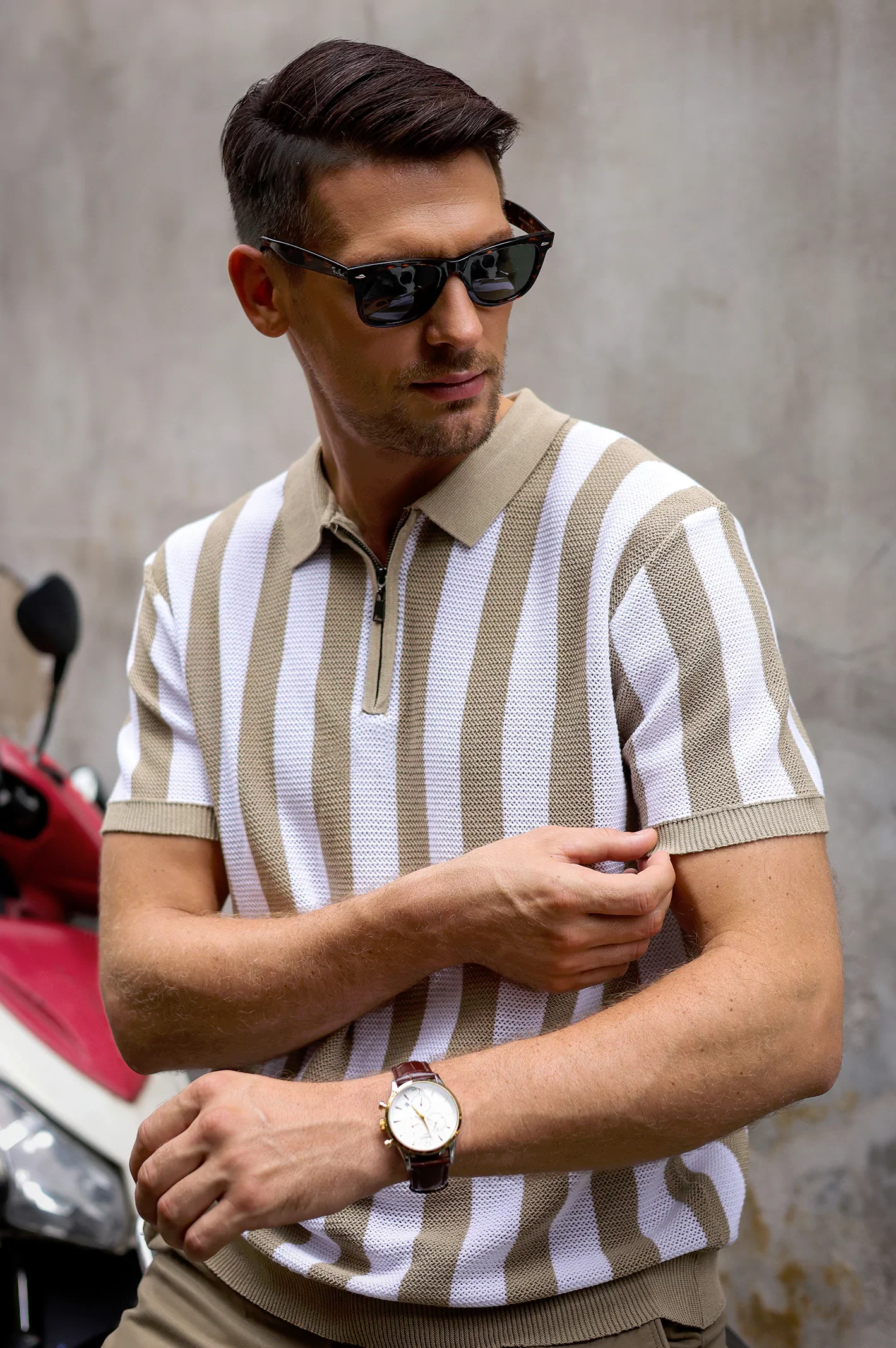 Men's Fawn Striped Flat Knit Polo - Image 4
