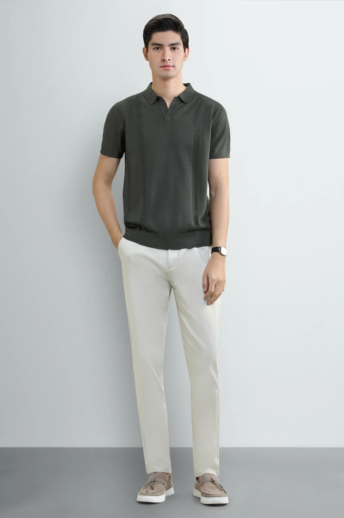 Men's Olive Flat Knit Polo - Image 6