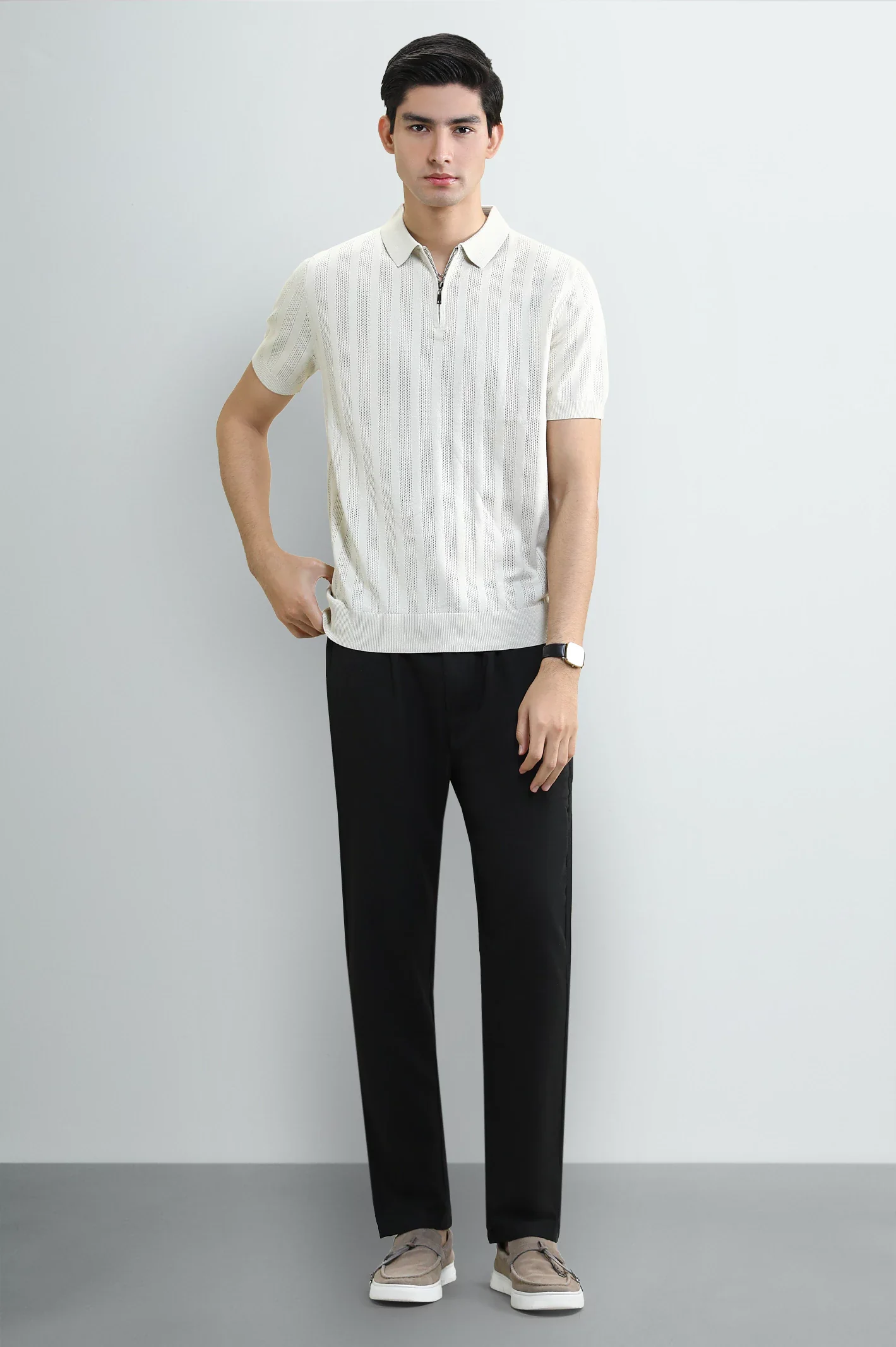 Cream Knitted Polo with Quarter-Zip Collar - Image 2