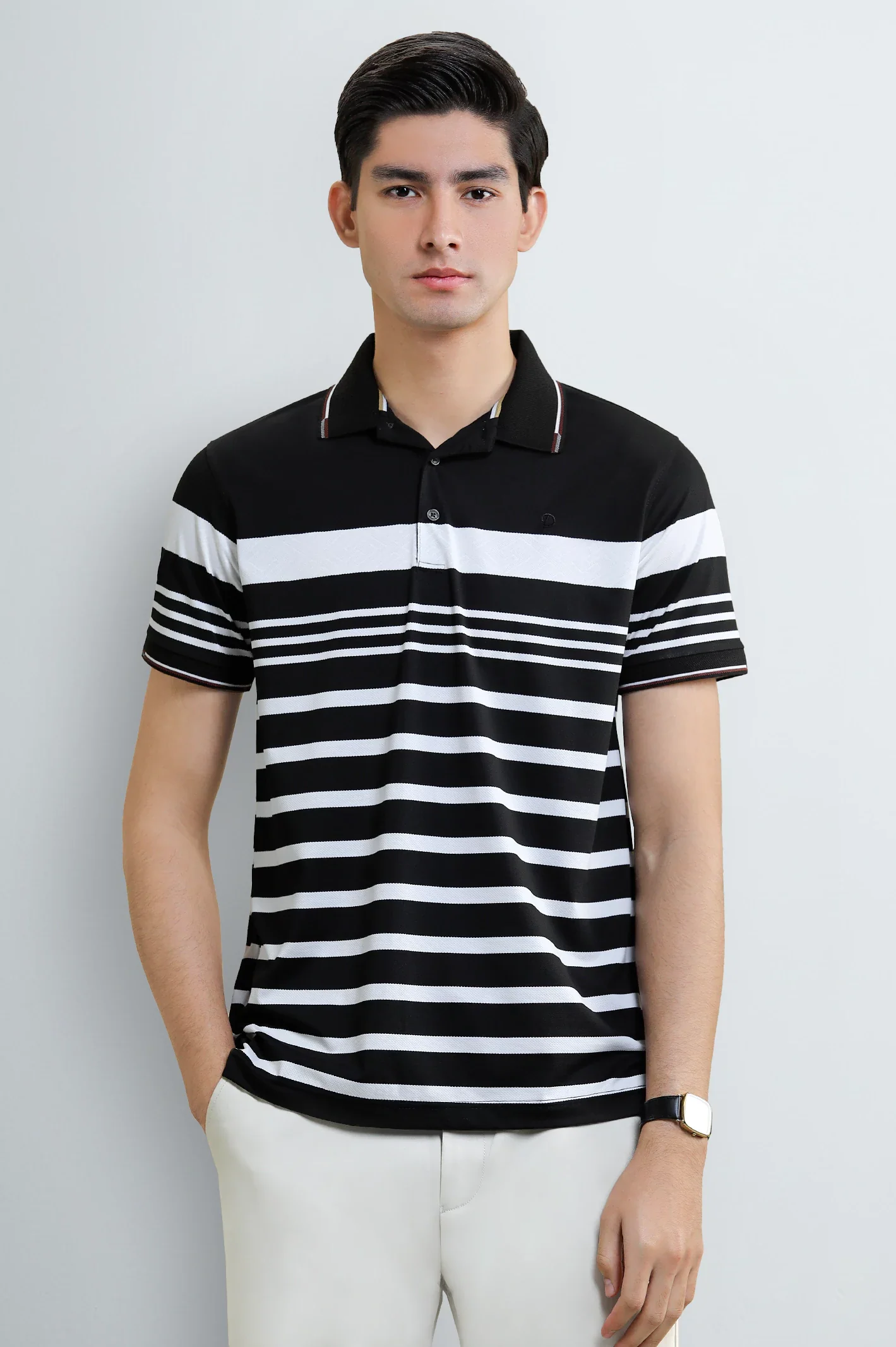 Men's Black Striped Yarn-Dyed Polo