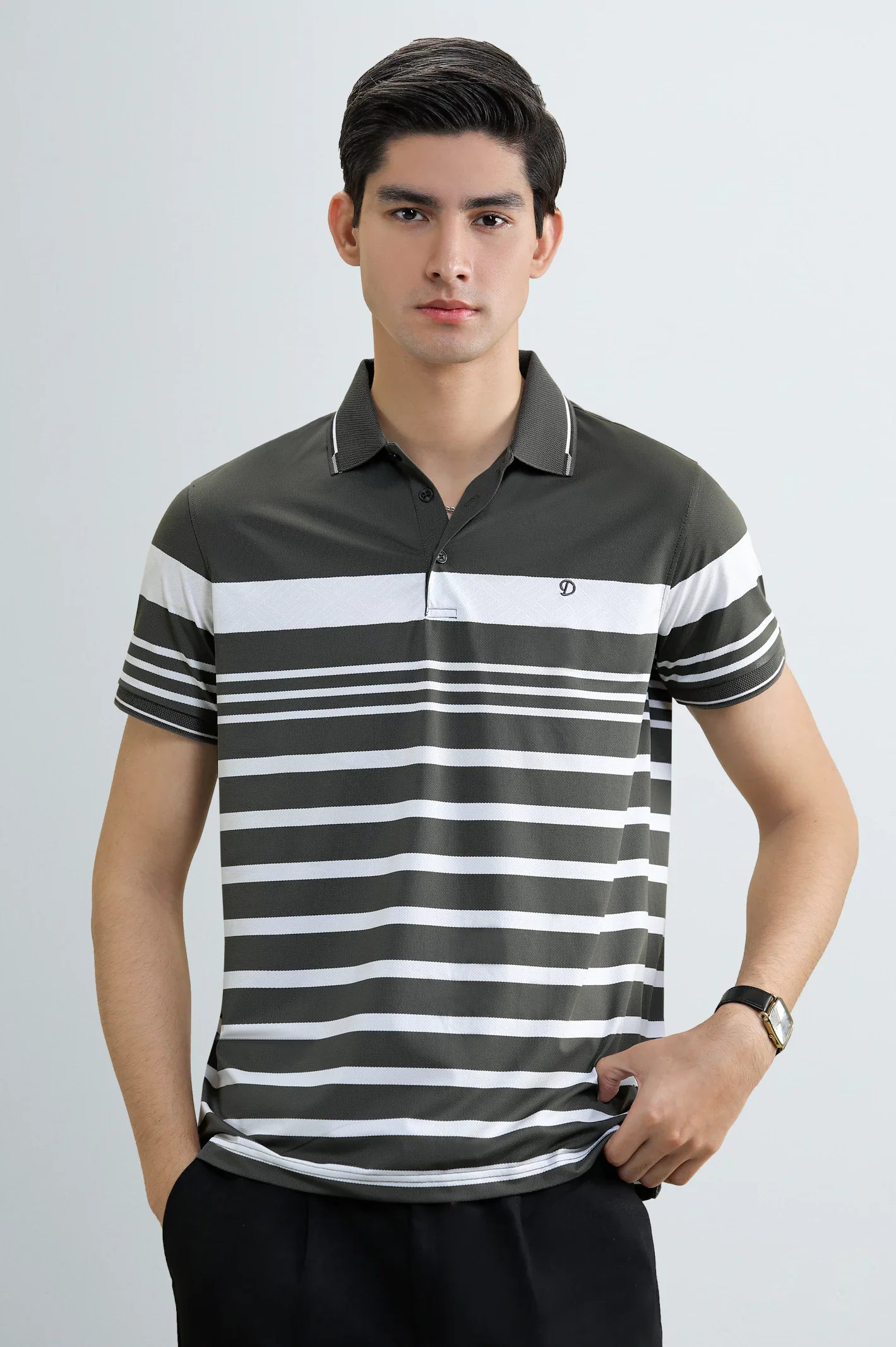 Men's Green Striped Yarn-Dyed Polo