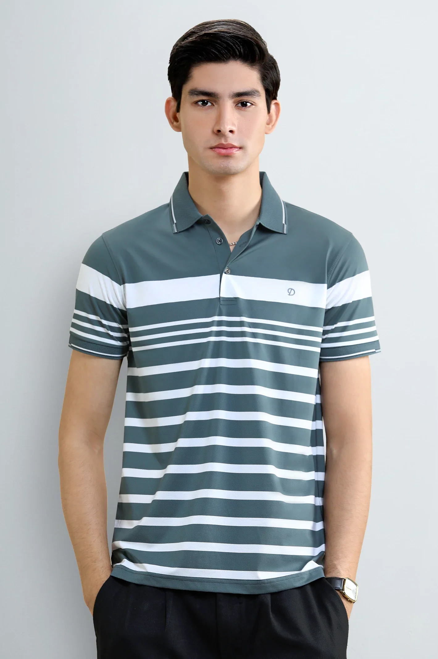 Men's Grey Striped Yarn-Dyed Polo