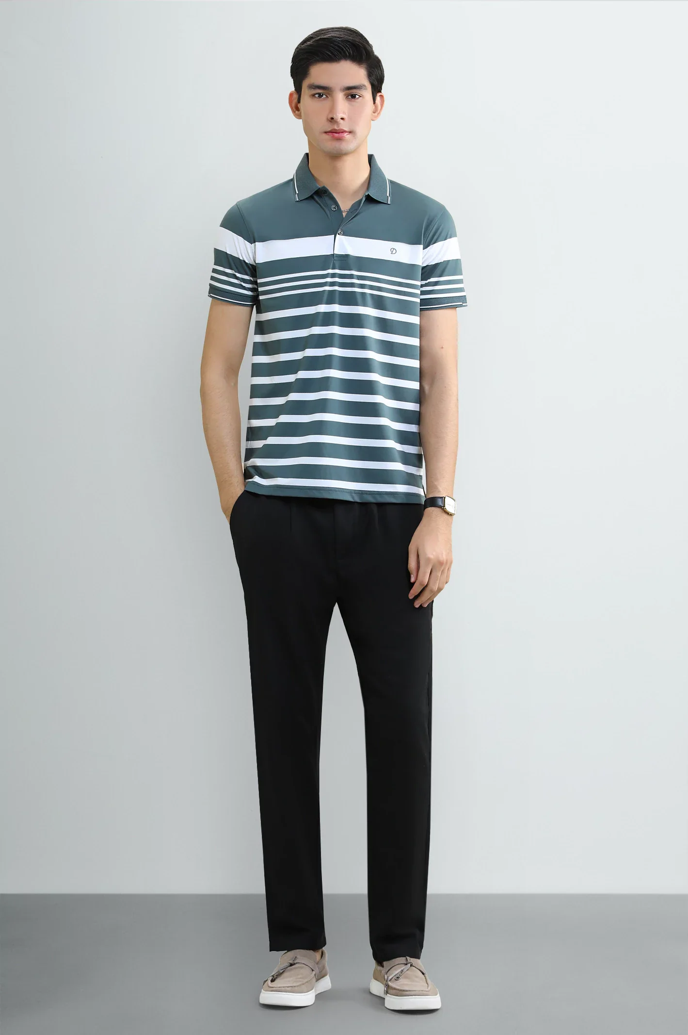 Men's Grey Striped Yarn-Dyed Polo - Image 2