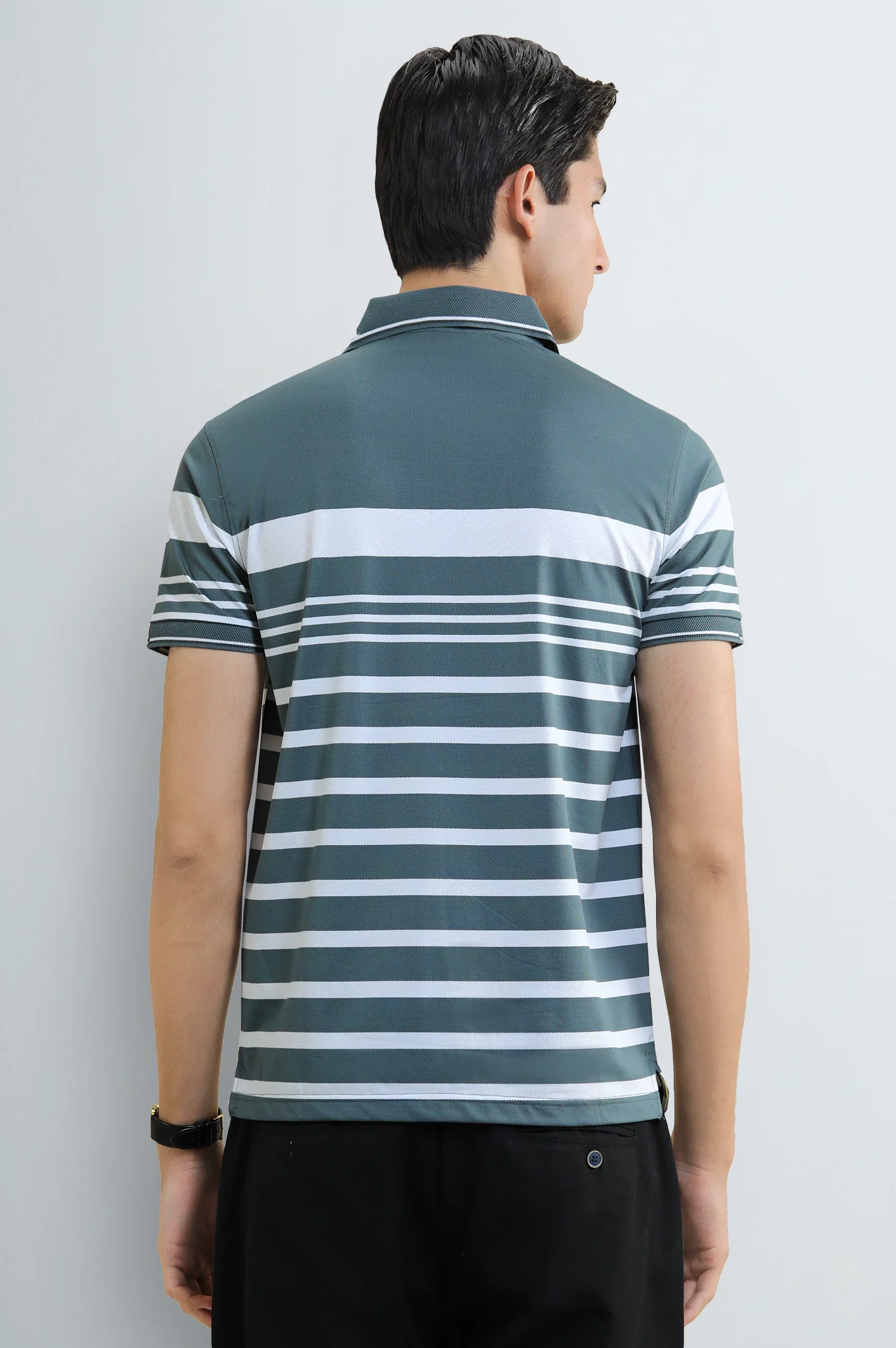 Men's Grey Striped Yarn-Dyed Polo - Image 3