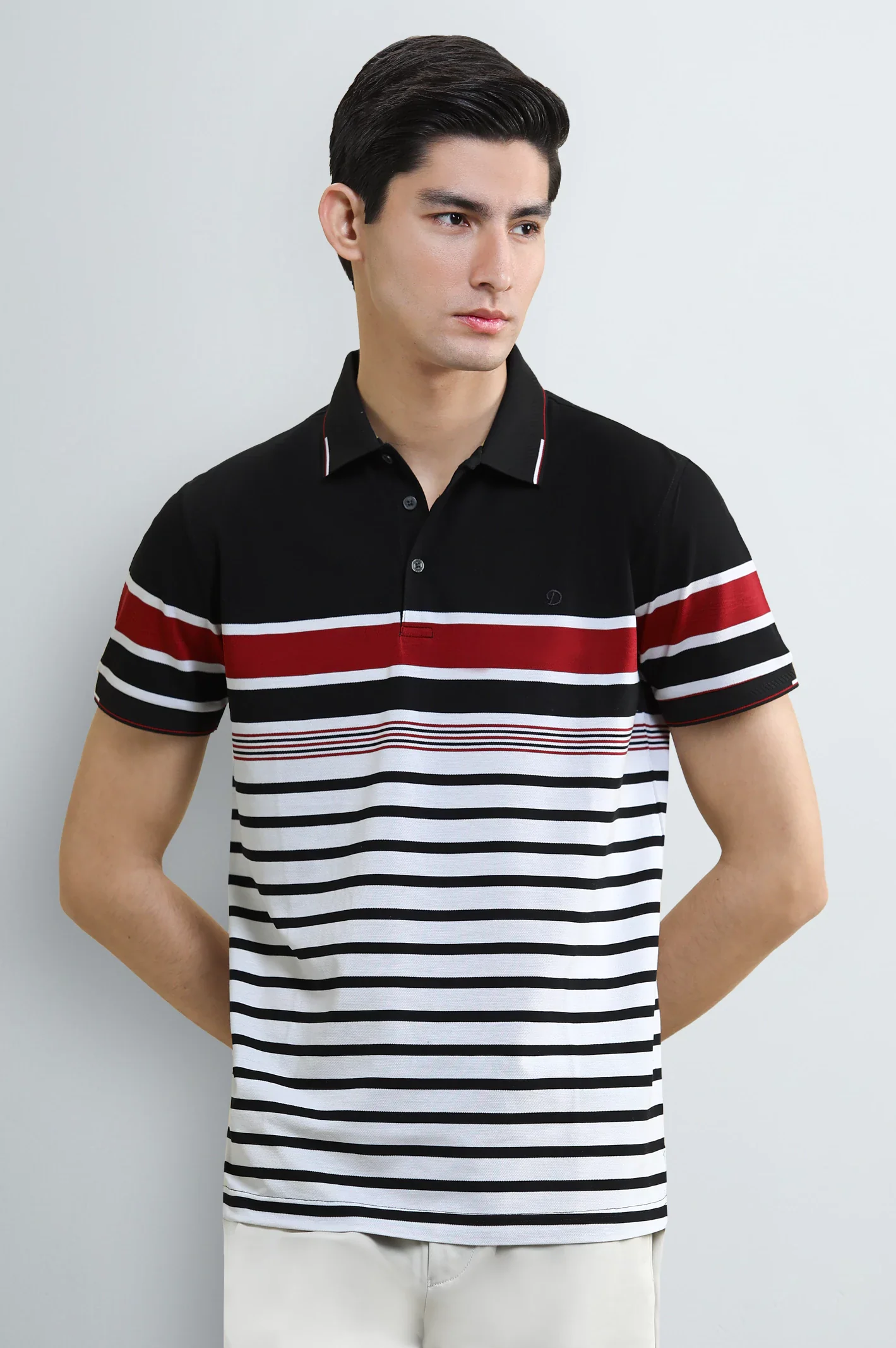 Men's Black & White Striped Yarn-Dyed Polo
