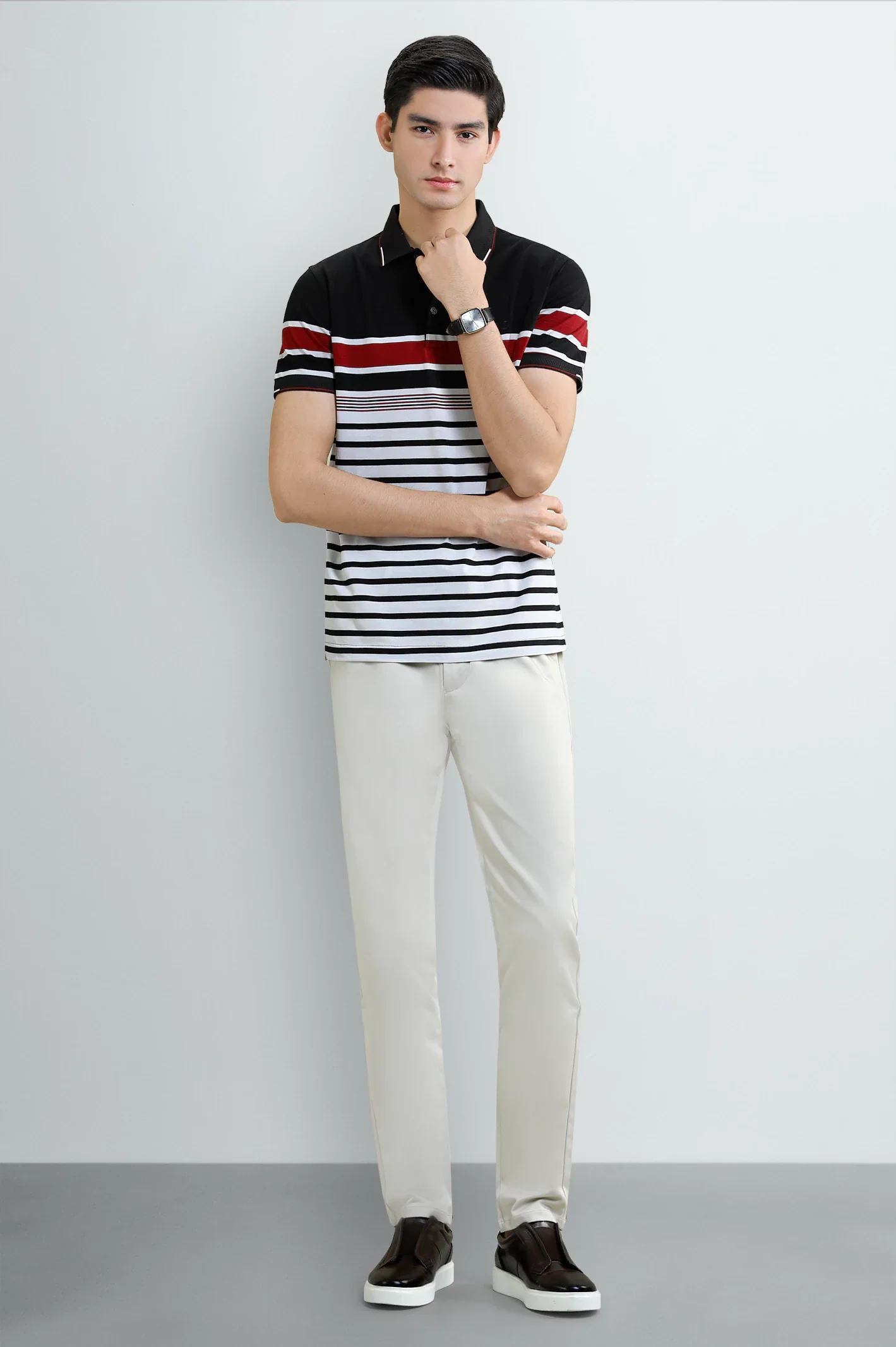 Men's Black & White Striped Yarn-Dyed Polo - Image 2