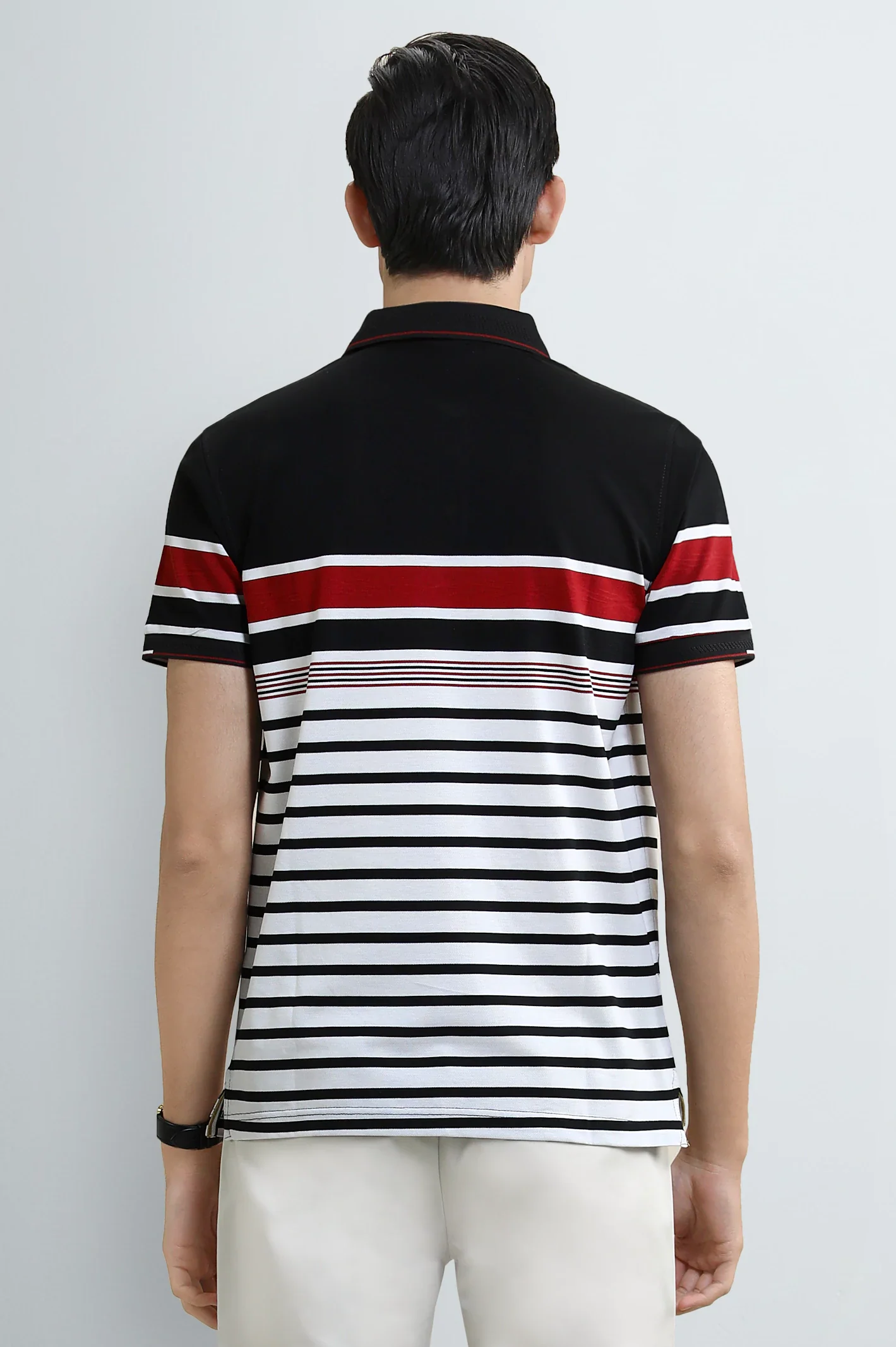 Men's Black & White Striped Yarn-Dyed Polo - Image 3