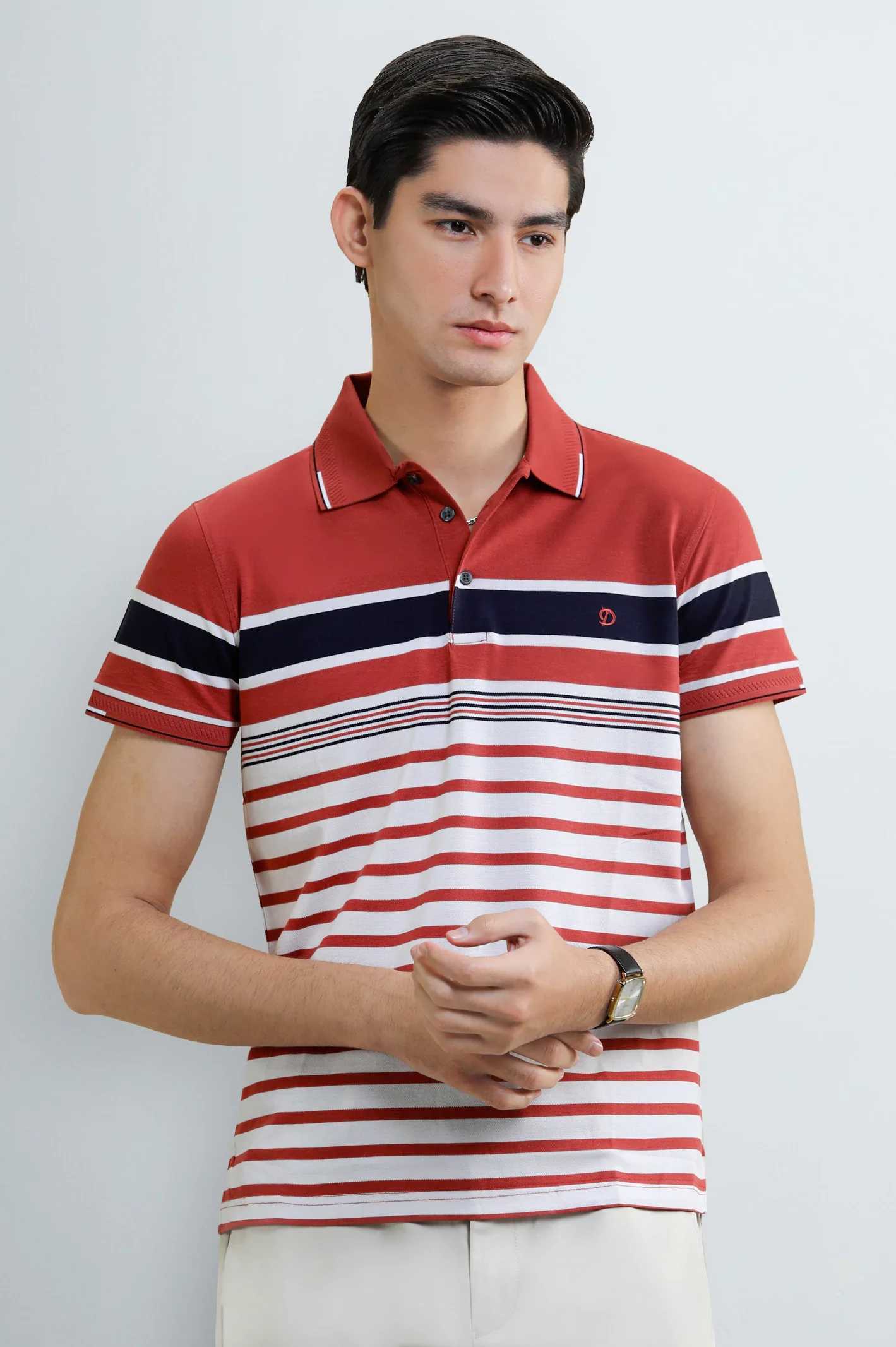 Men's Red & White Striped Yarn-Dyed Polo