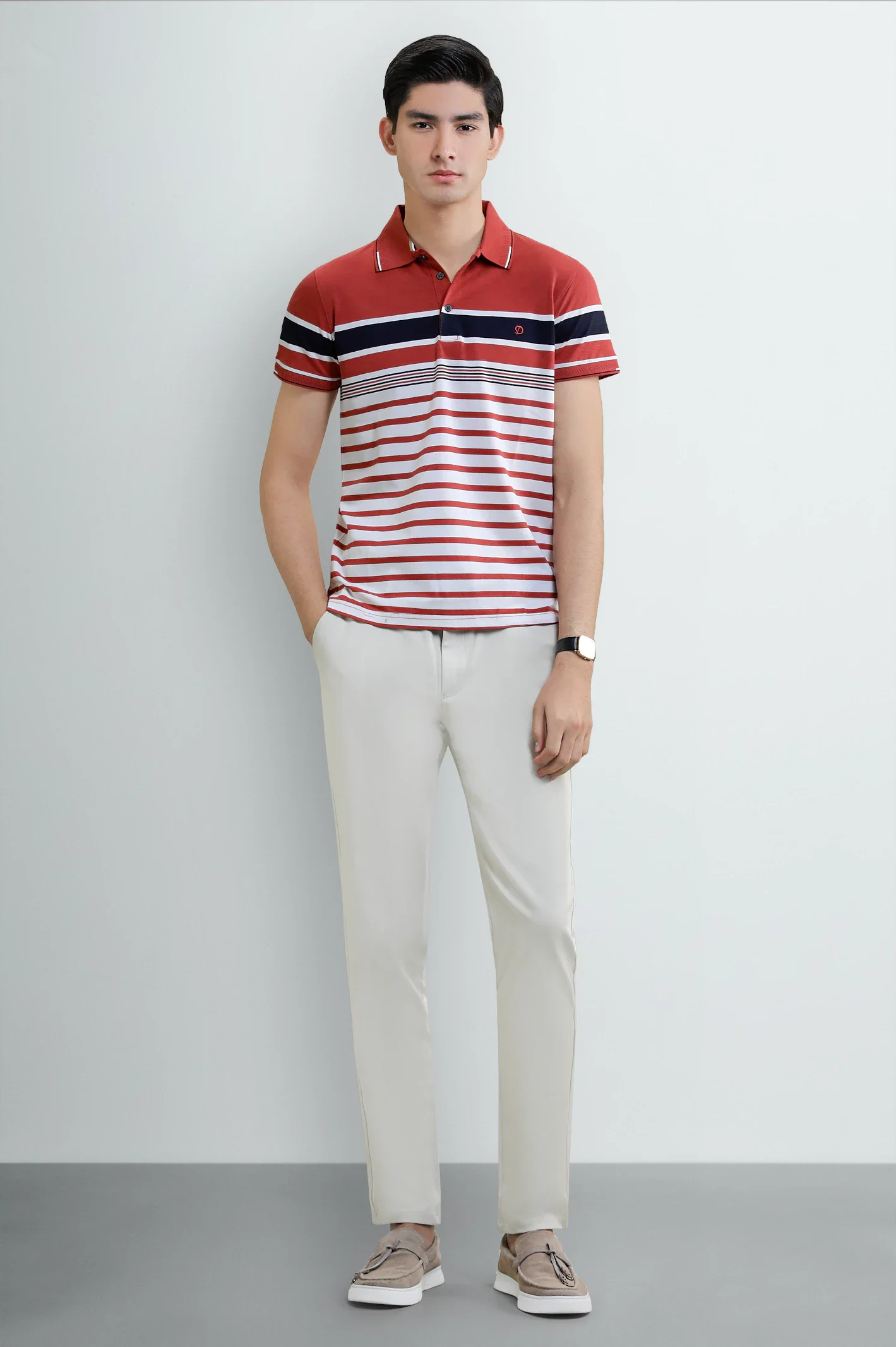 Men's Red & White Striped Yarn-Dyed Polo - Image 2