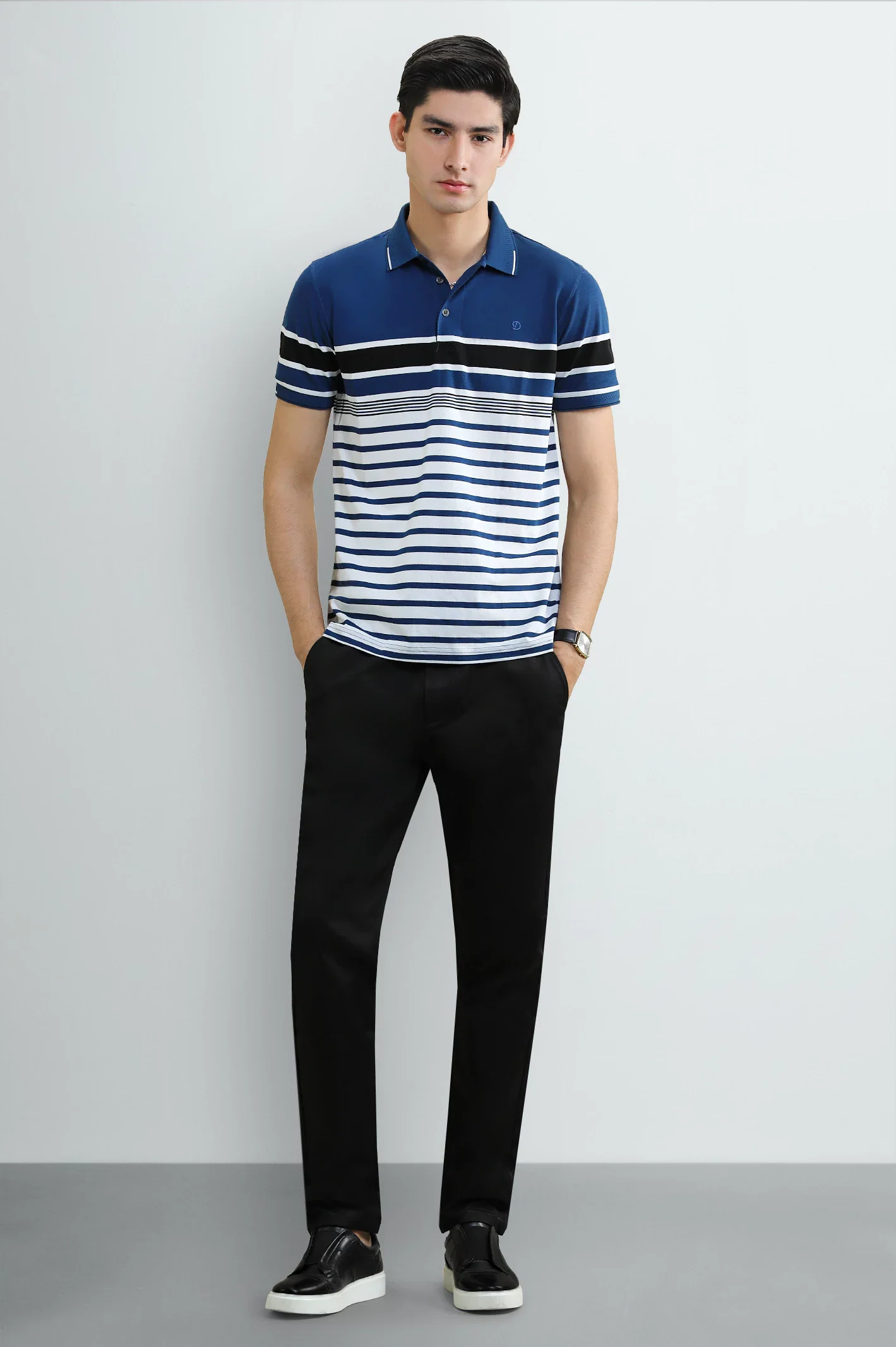 Men's Blue & White Striped Yarn-Dyed Polo - Image 2
