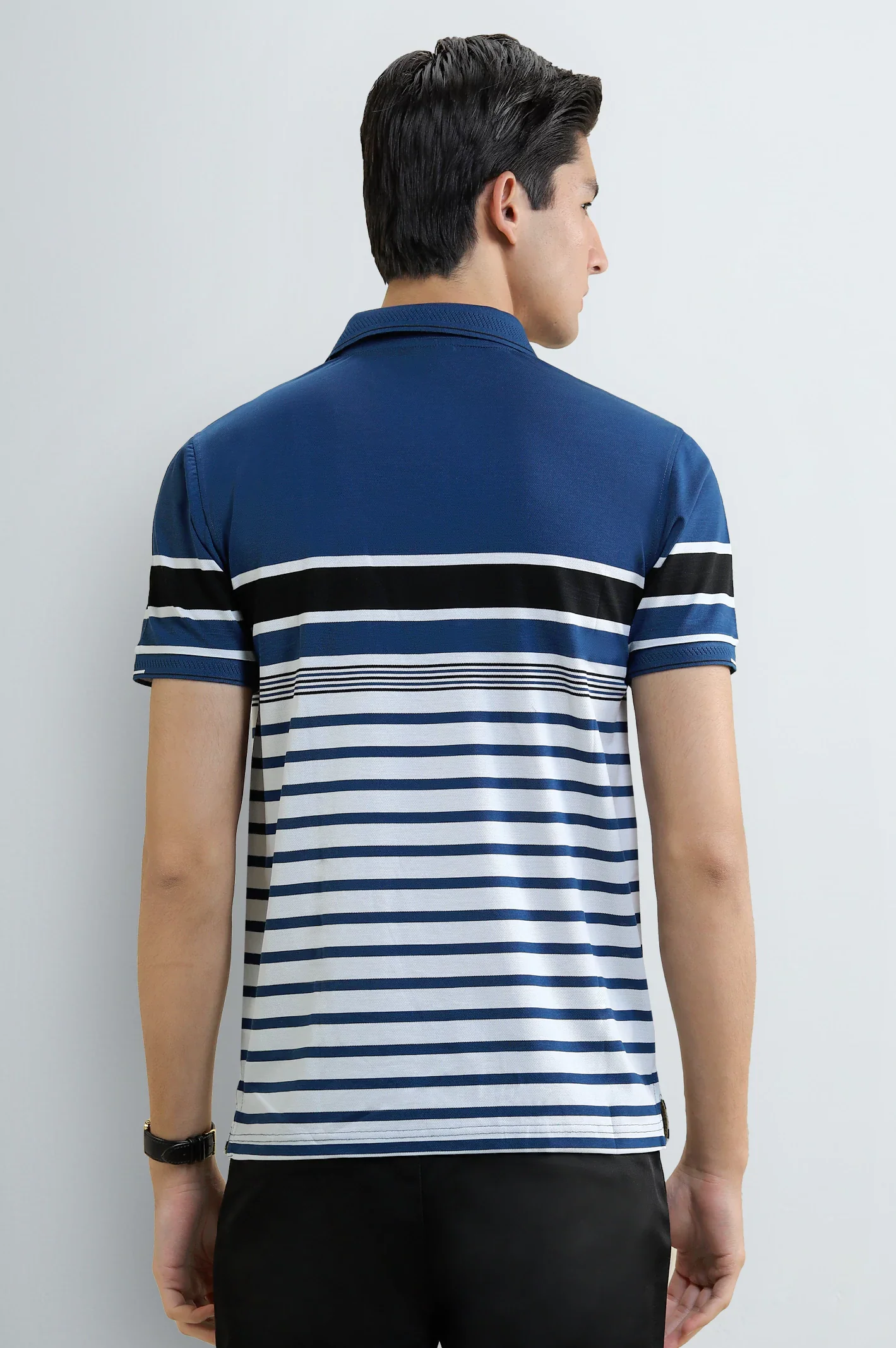 Men's Blue & White Striped Yarn-Dyed Polo - Image 3
