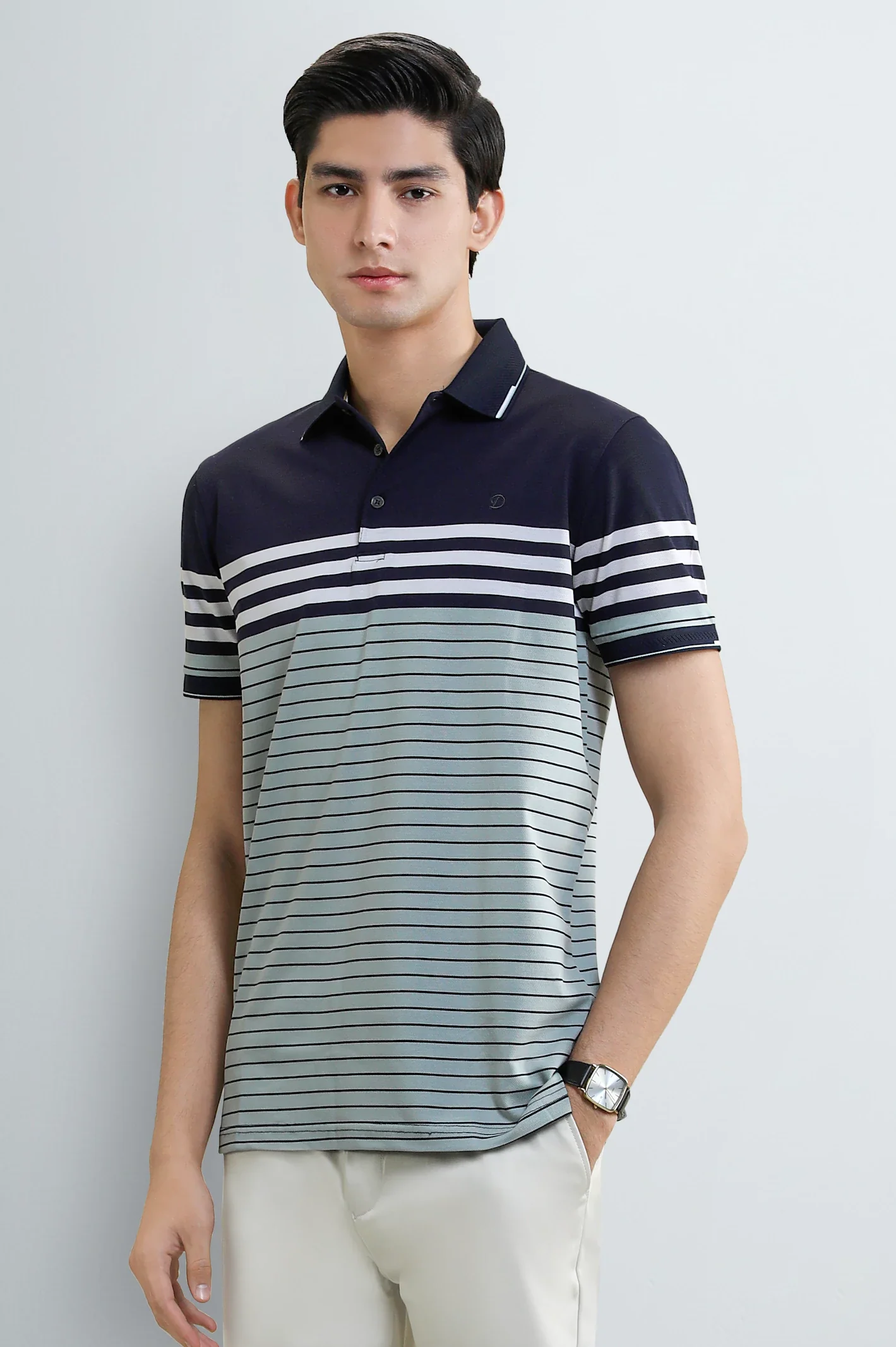 Navy Blue Striped Yarn-Dyed Polo