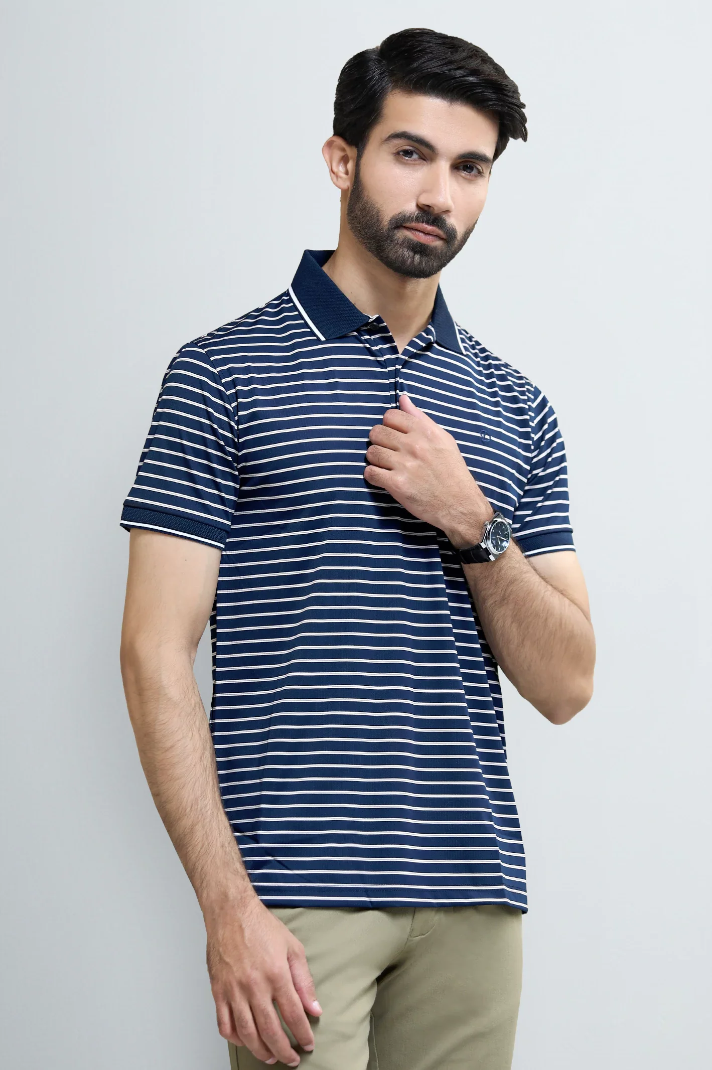 Navy Blue Yarn-Dyed Striped Polo