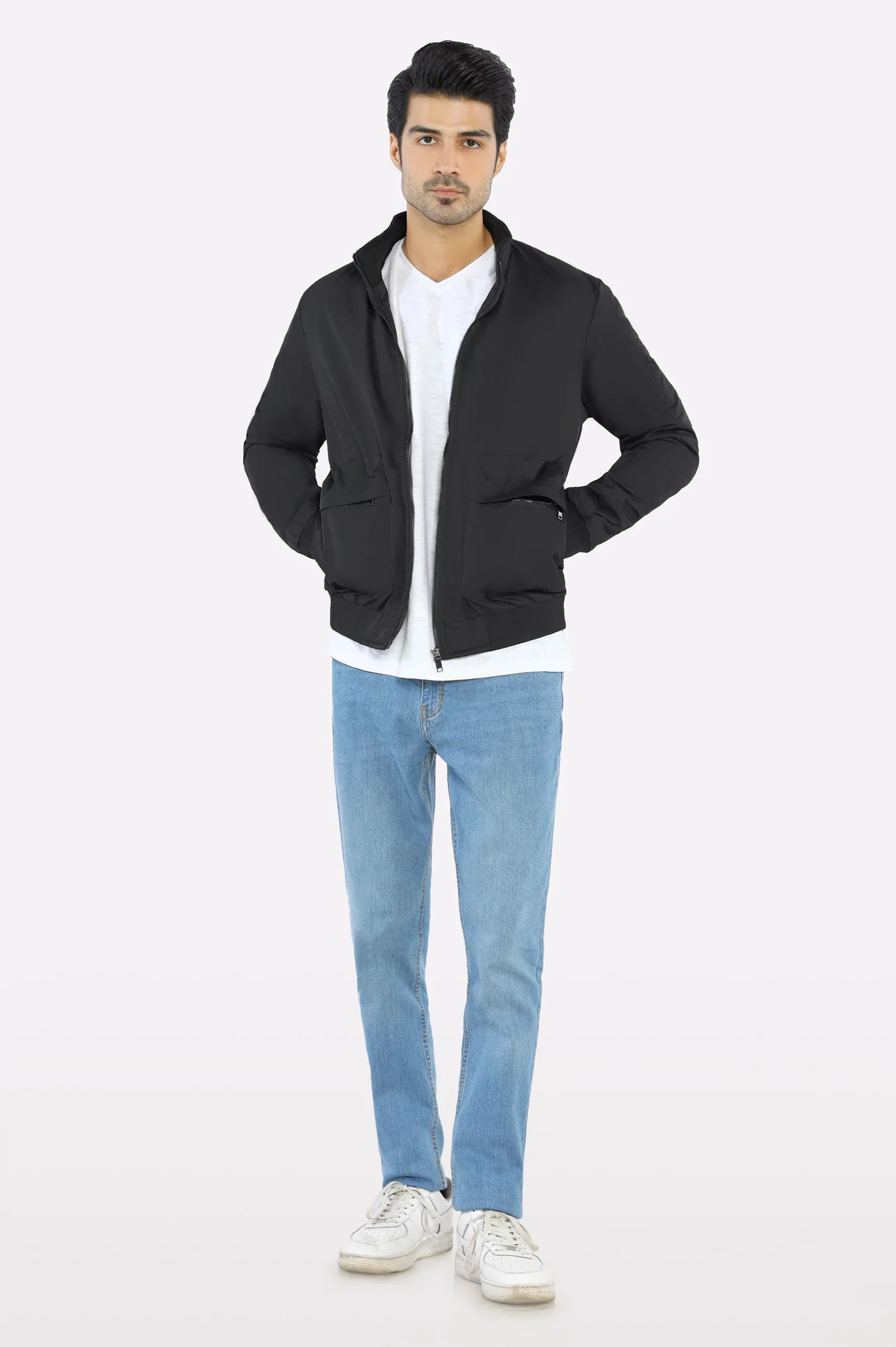 MenāsĀ StandĀ CollarĀ Multi-PocketsĀ BlackĀ Jacket - Image 2
