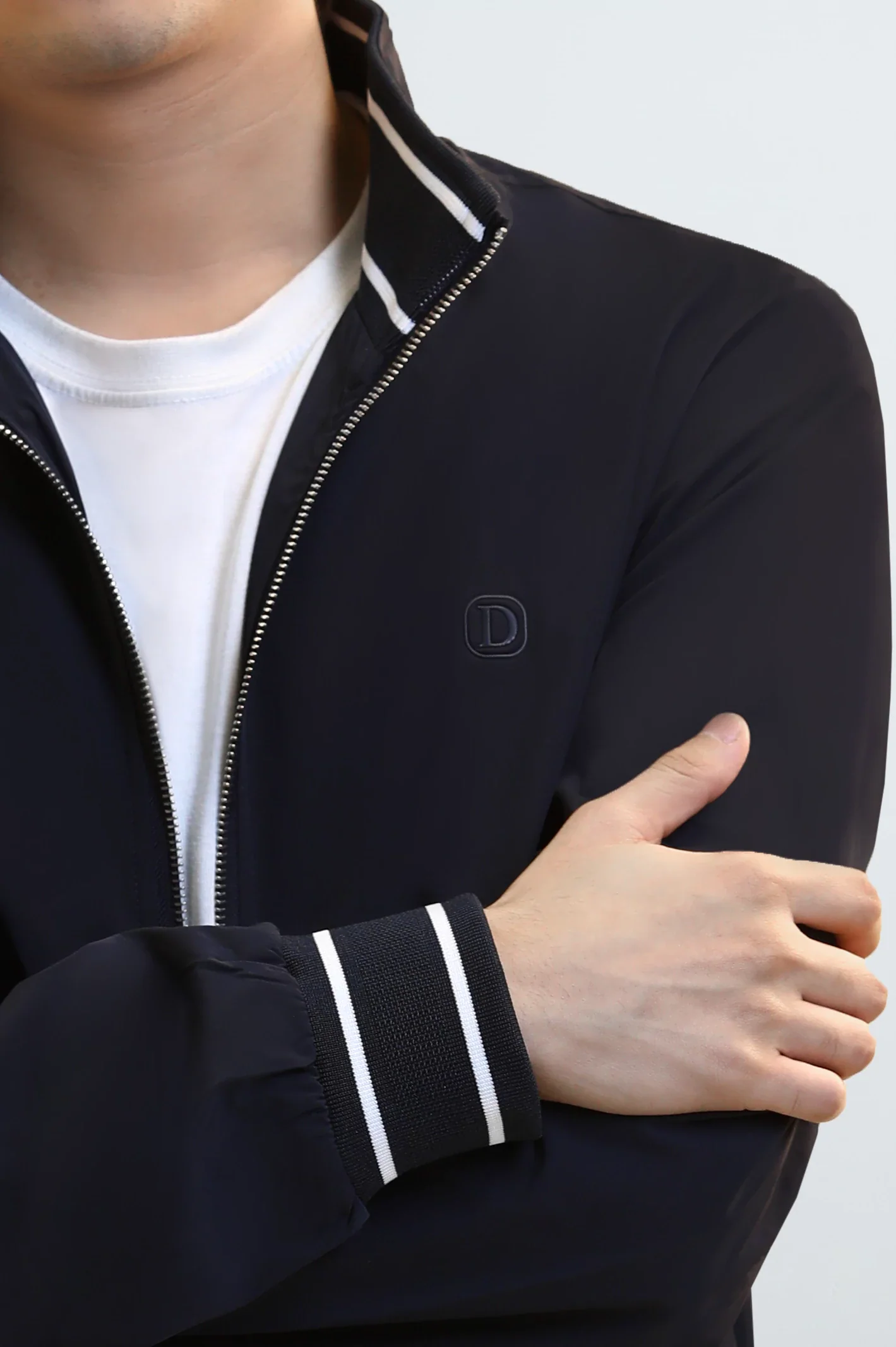 Men's Navy Blue Bomber Jacket with Mock Collar - Image 3