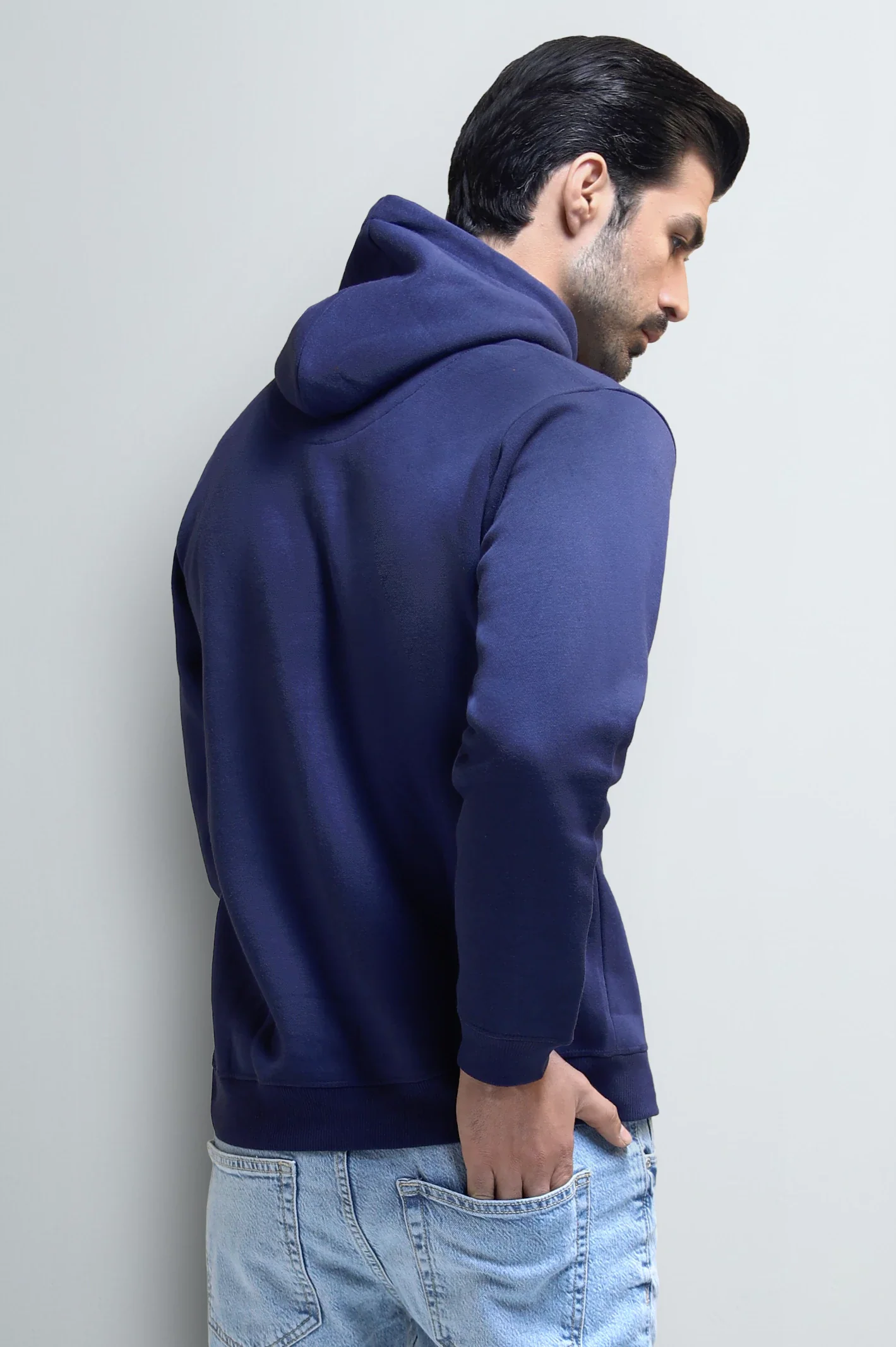 Men's Navy Blue Fleece Hoodie with Logo - Image 4