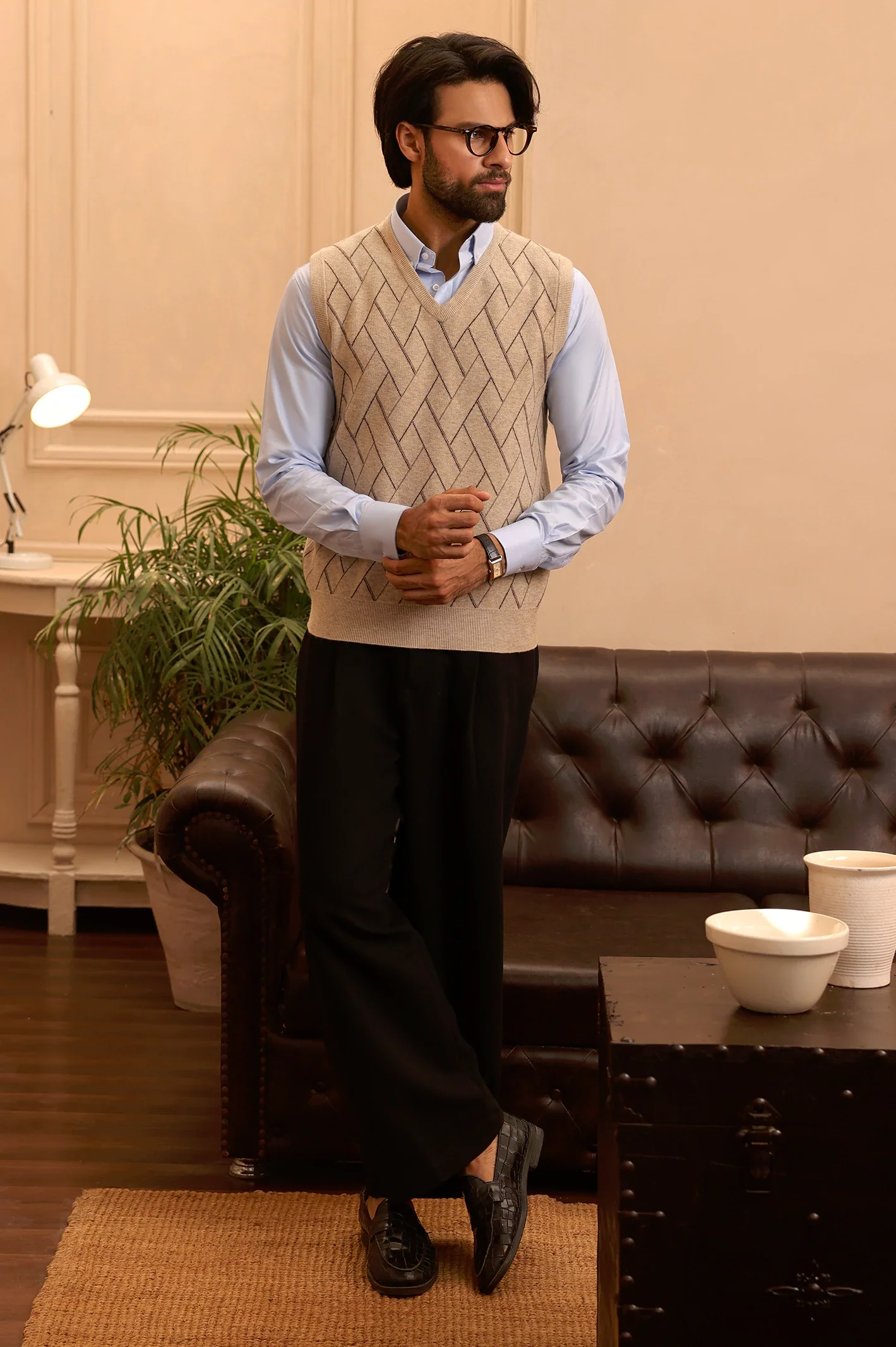 Men V-neck Fawn Sleeveless Sweater - Image 2