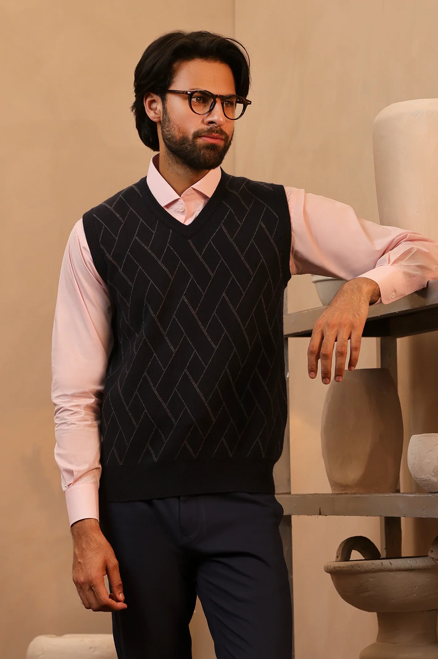 Men V-neck Navy Sleeveless Sweater - Image 3