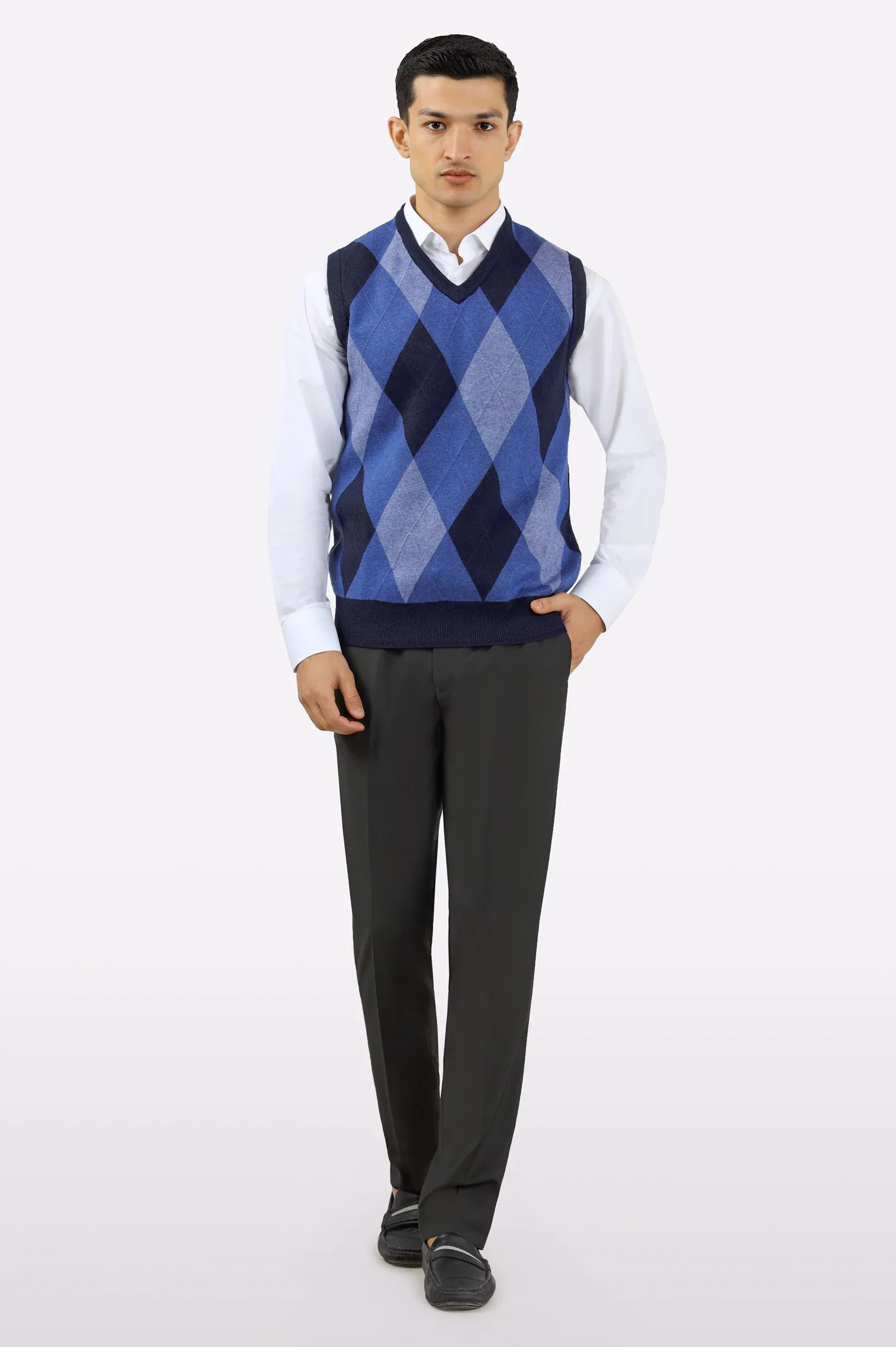 Men V-Neck Navy Sleeveless Sweater - Image 2