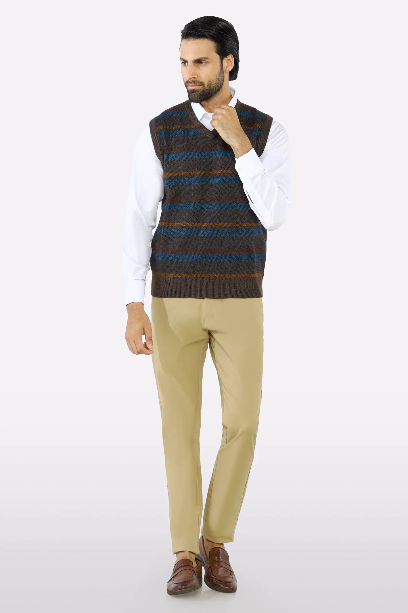 Men V-neck Multi Brown Sleeveless Sweater - Image 2