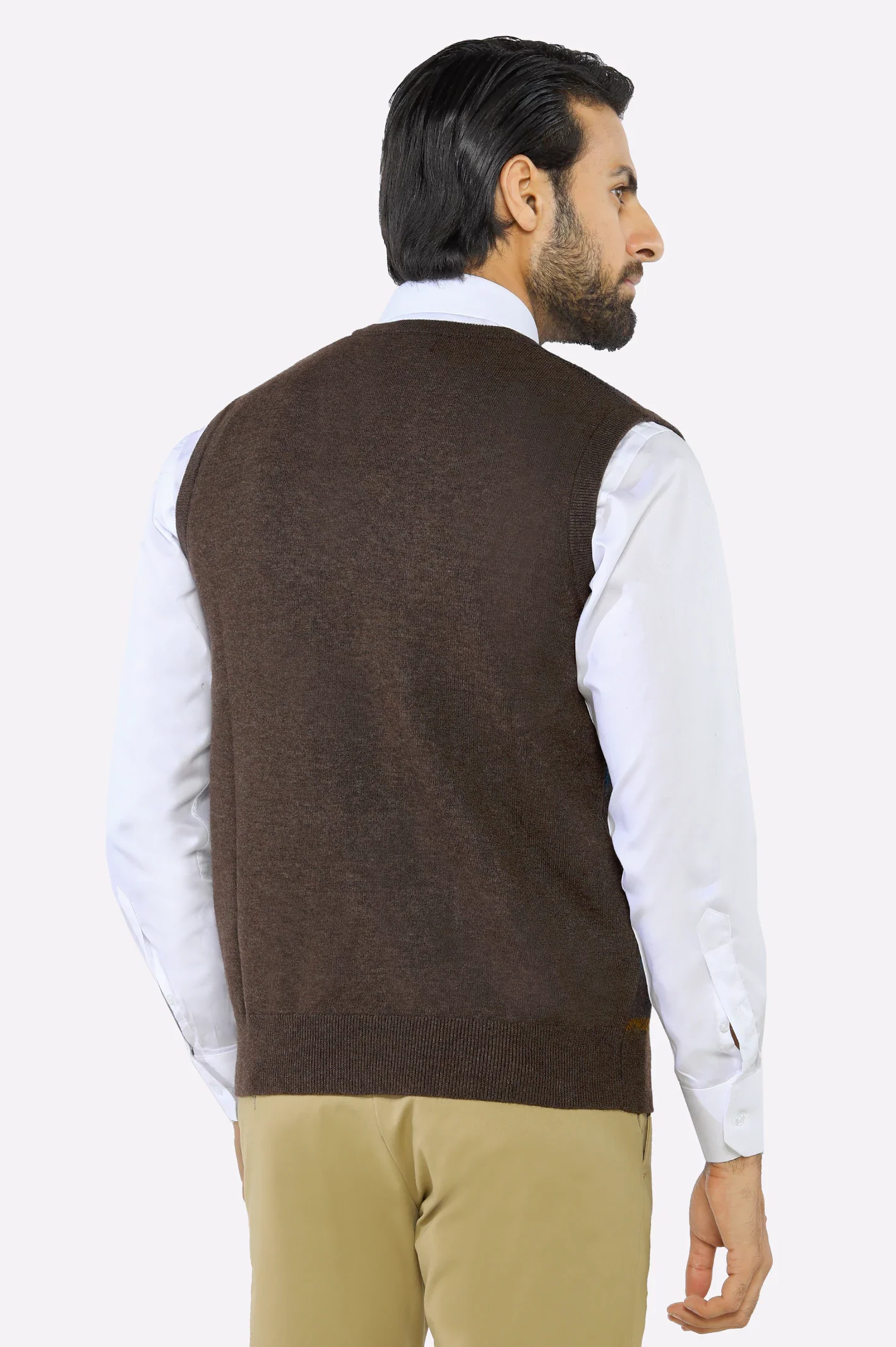 Men V-neck Multi Brown Sleeveless Sweater - Image 3
