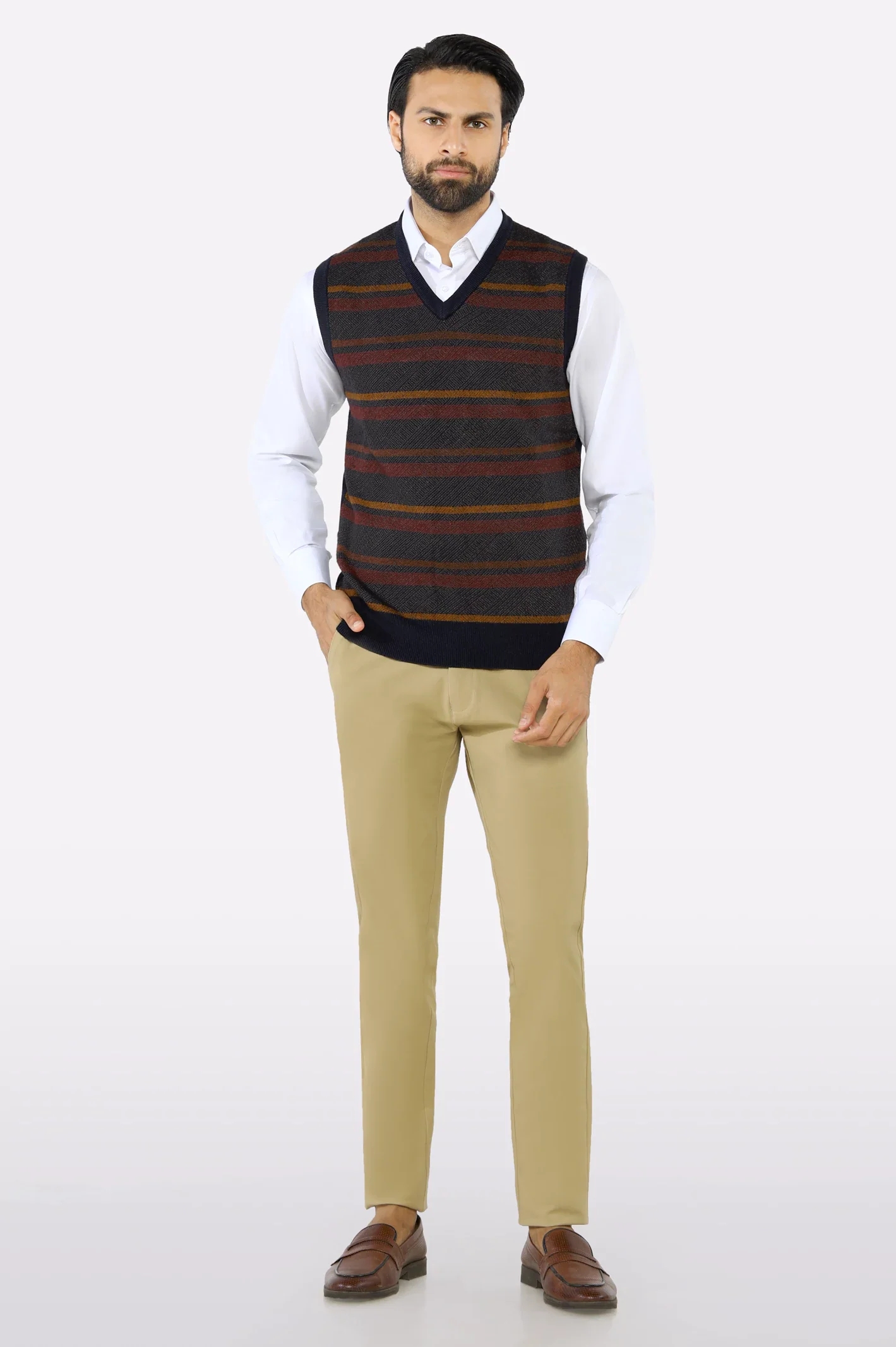 Men V-neck Multi Brown Sleeveless Sweater - Image 2
