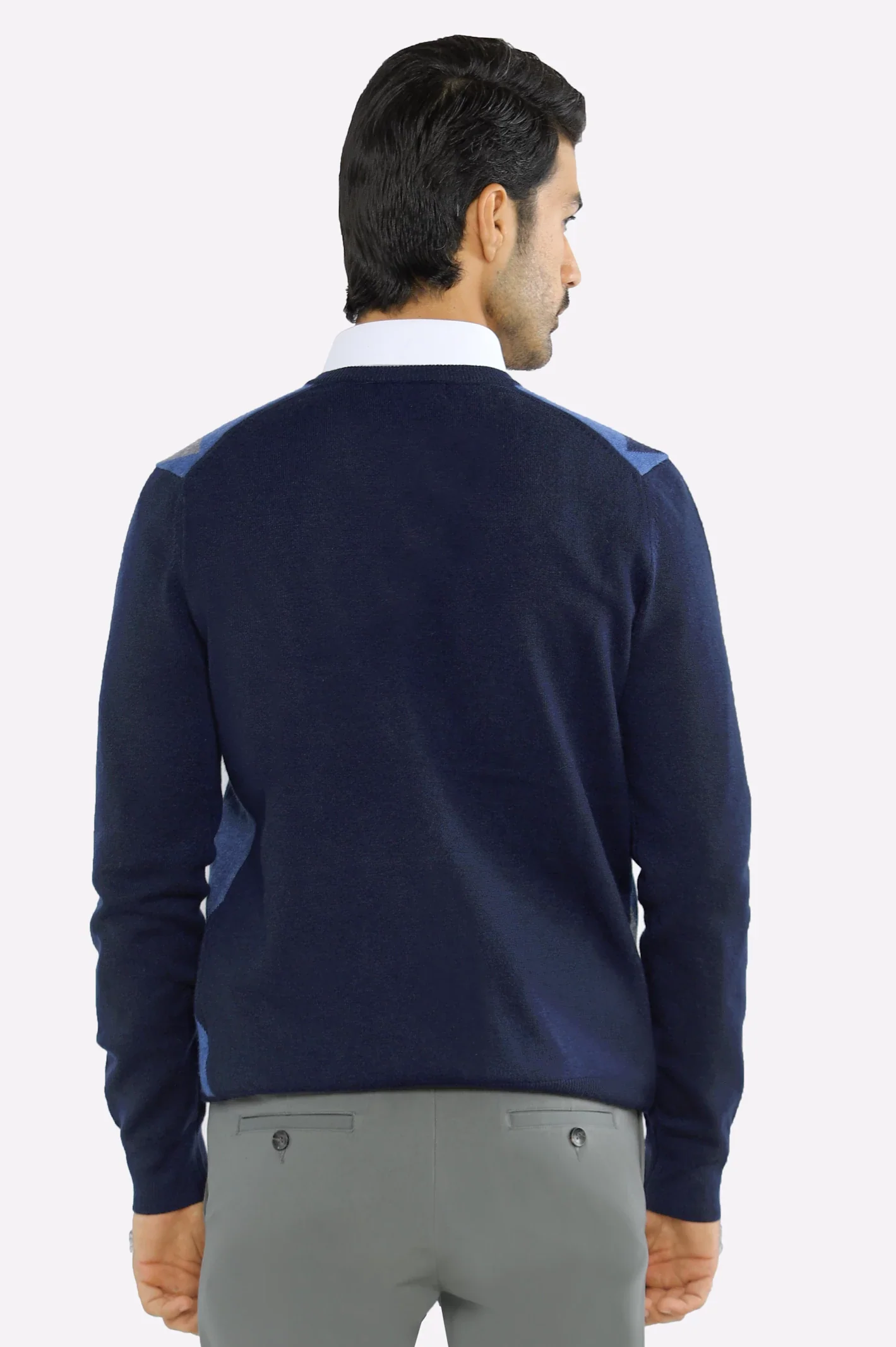 Men V-Neck Dark Blue Sleeves Sweater - Image 3