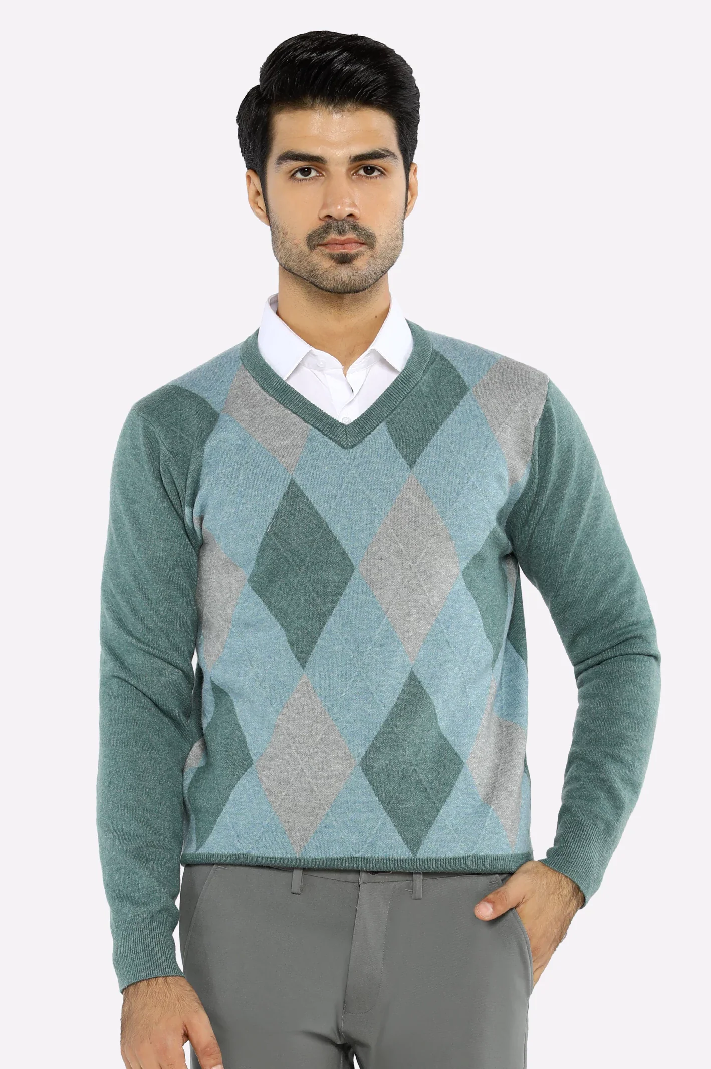 Men V-Neck Teal Sleeves Sweater