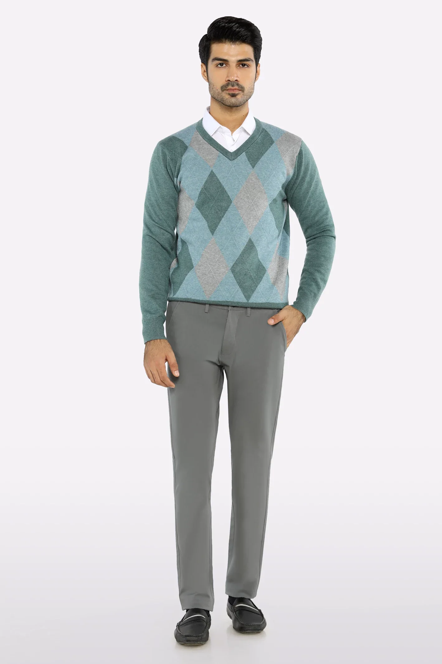 Men V-Neck Teal Sleeves Sweater - Image 2