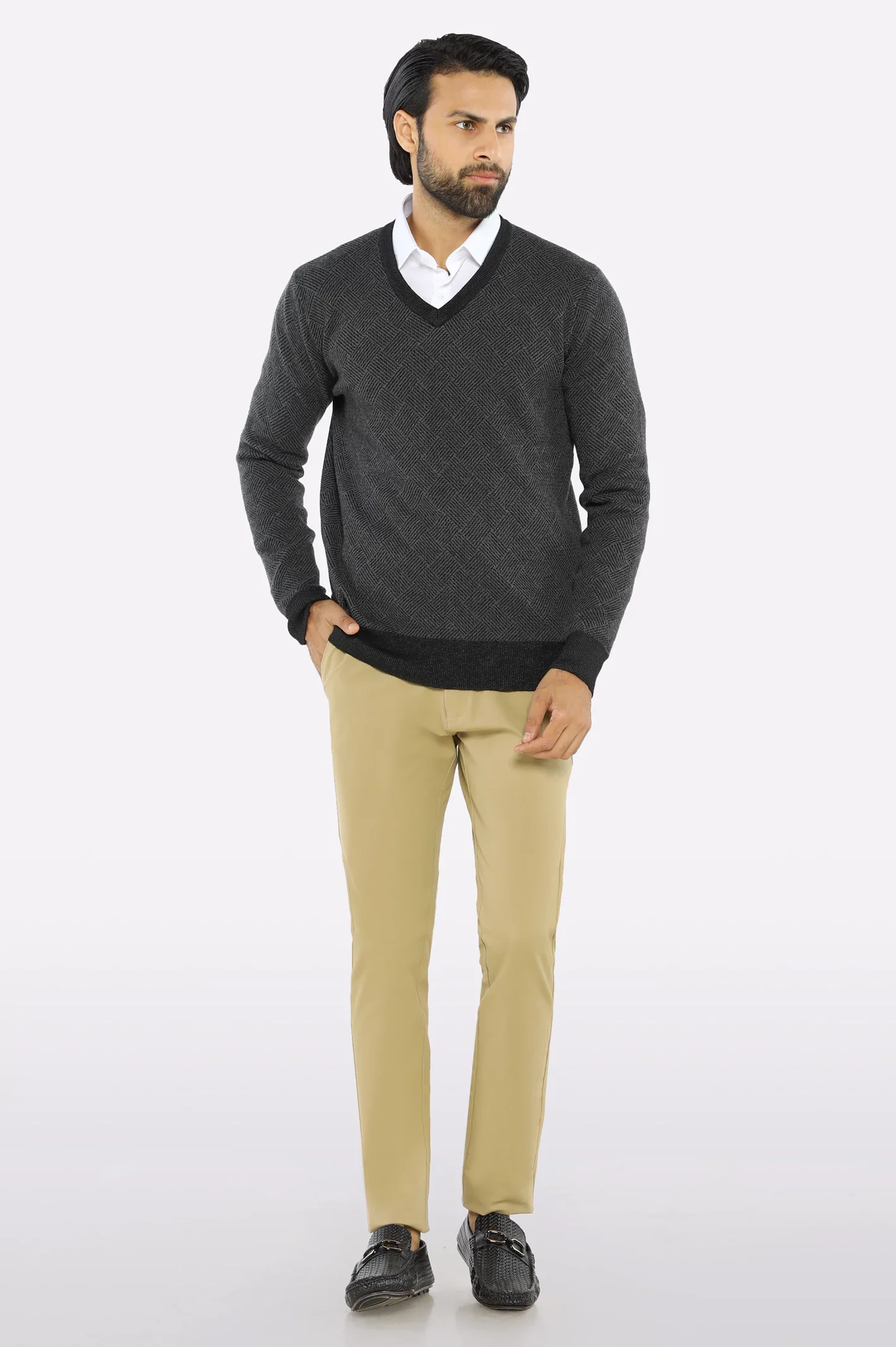 Men V-neck Grey Sleeves Sweater - Image 2