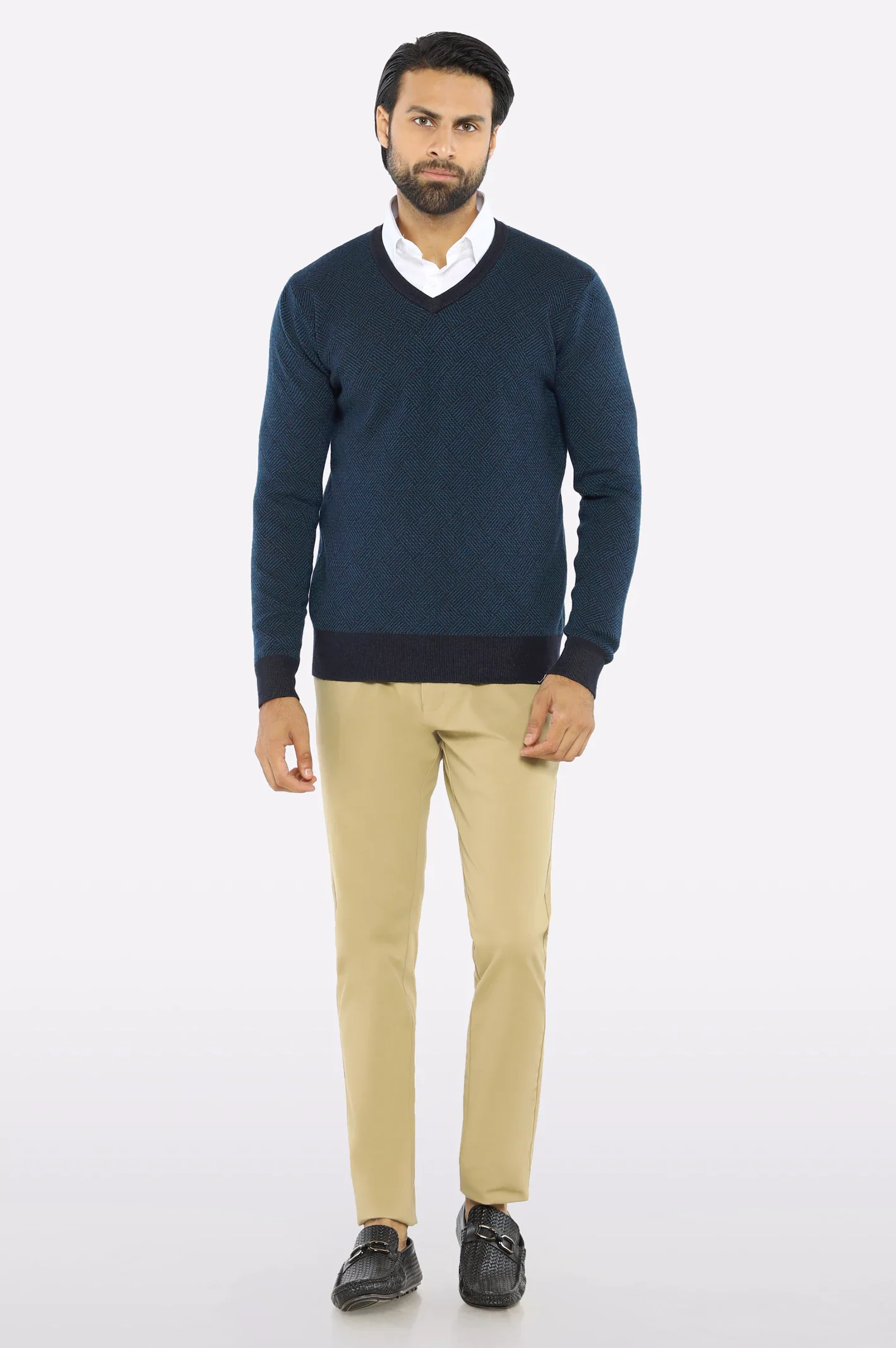 Men V-neck Navy Sleeves Sweater - Image 2