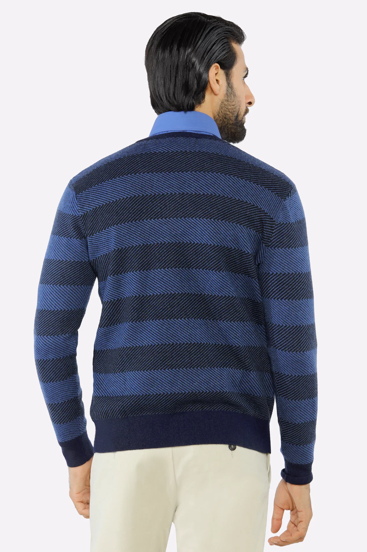 Men V-neck Dark Blue Sleeves Sweater - Image 3