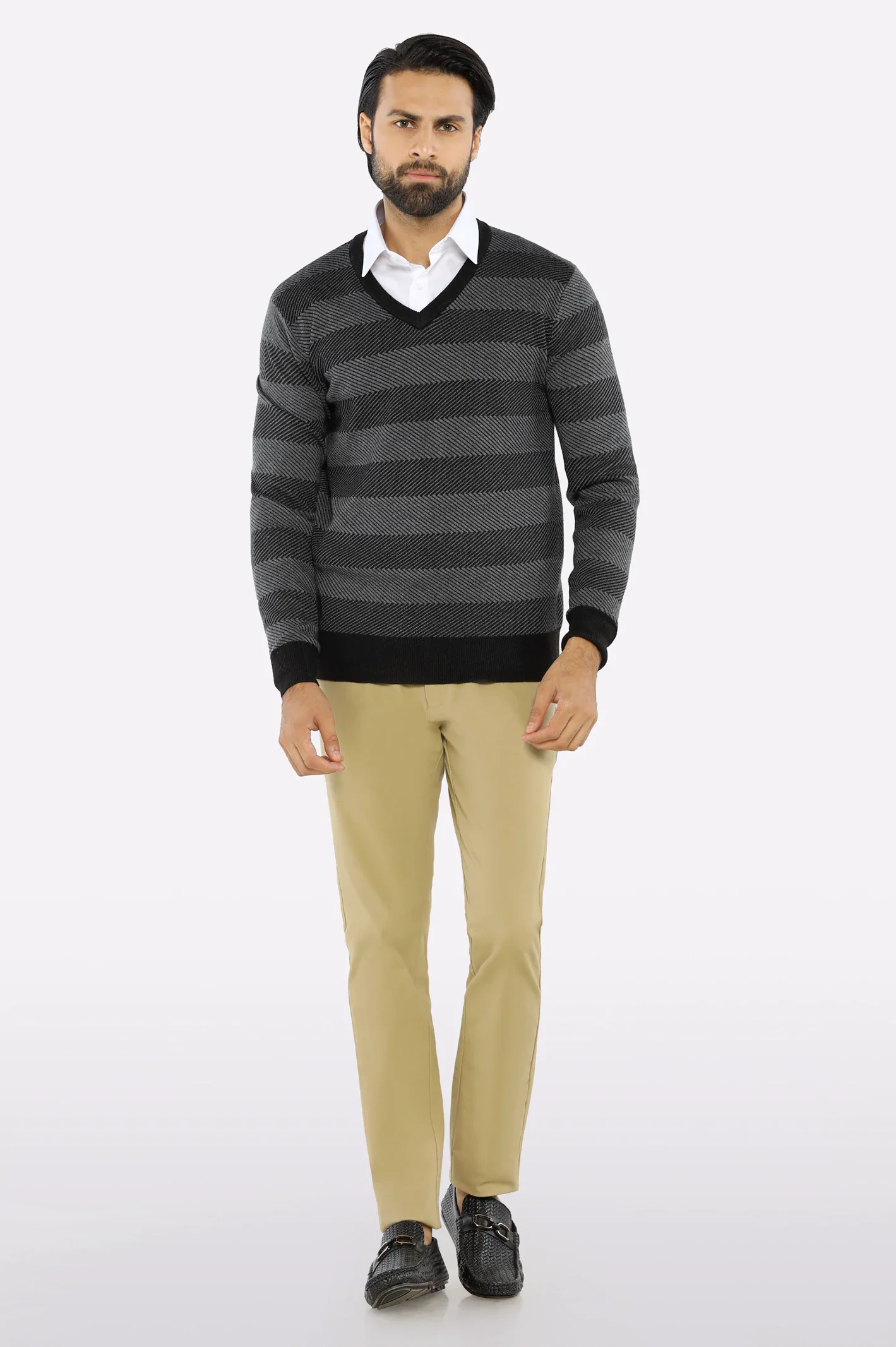Men V-neck Multi Grey Sleeves Sweater - Image 2