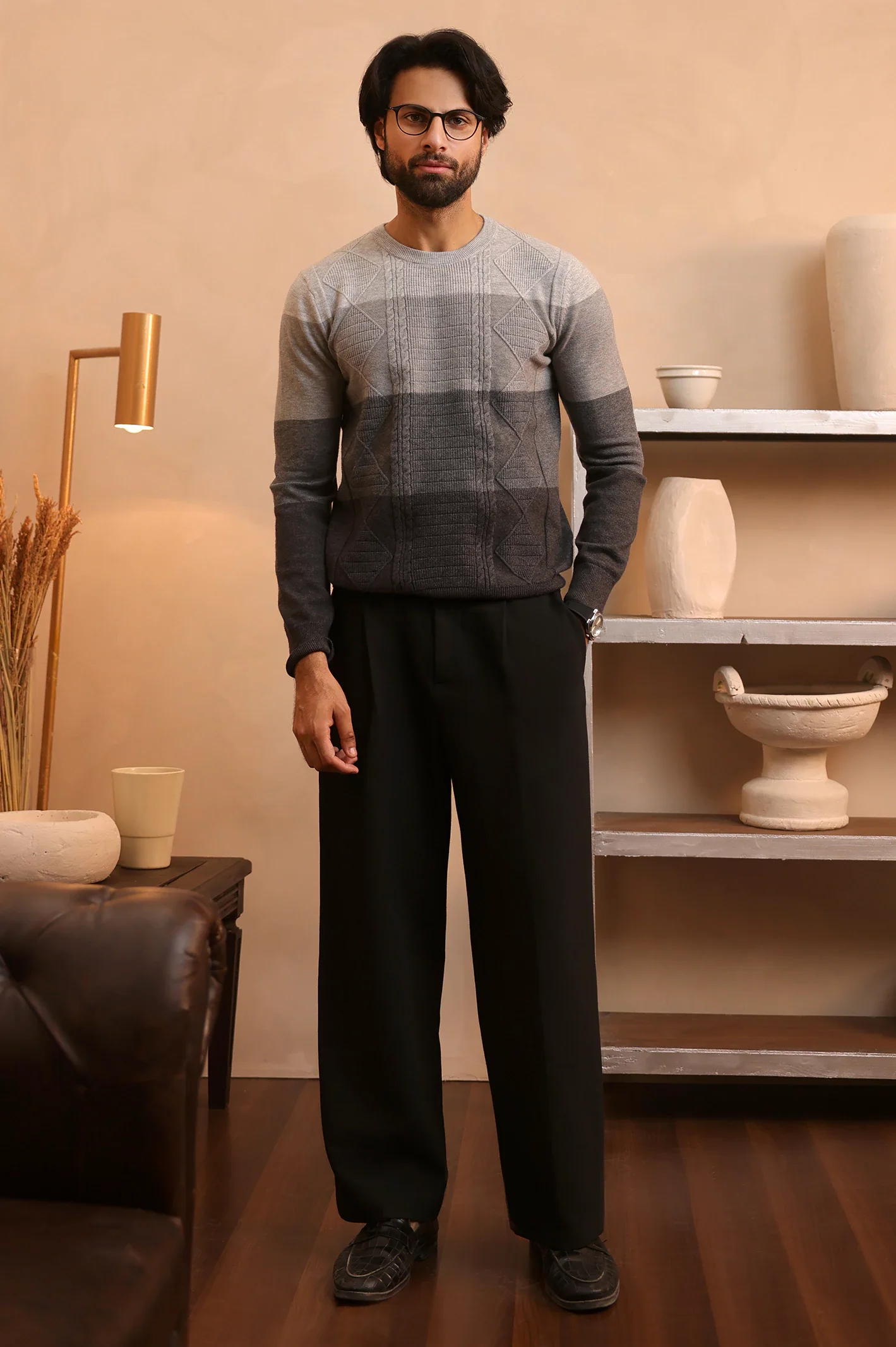 Men Grey Round Neck Sweater - Image 3