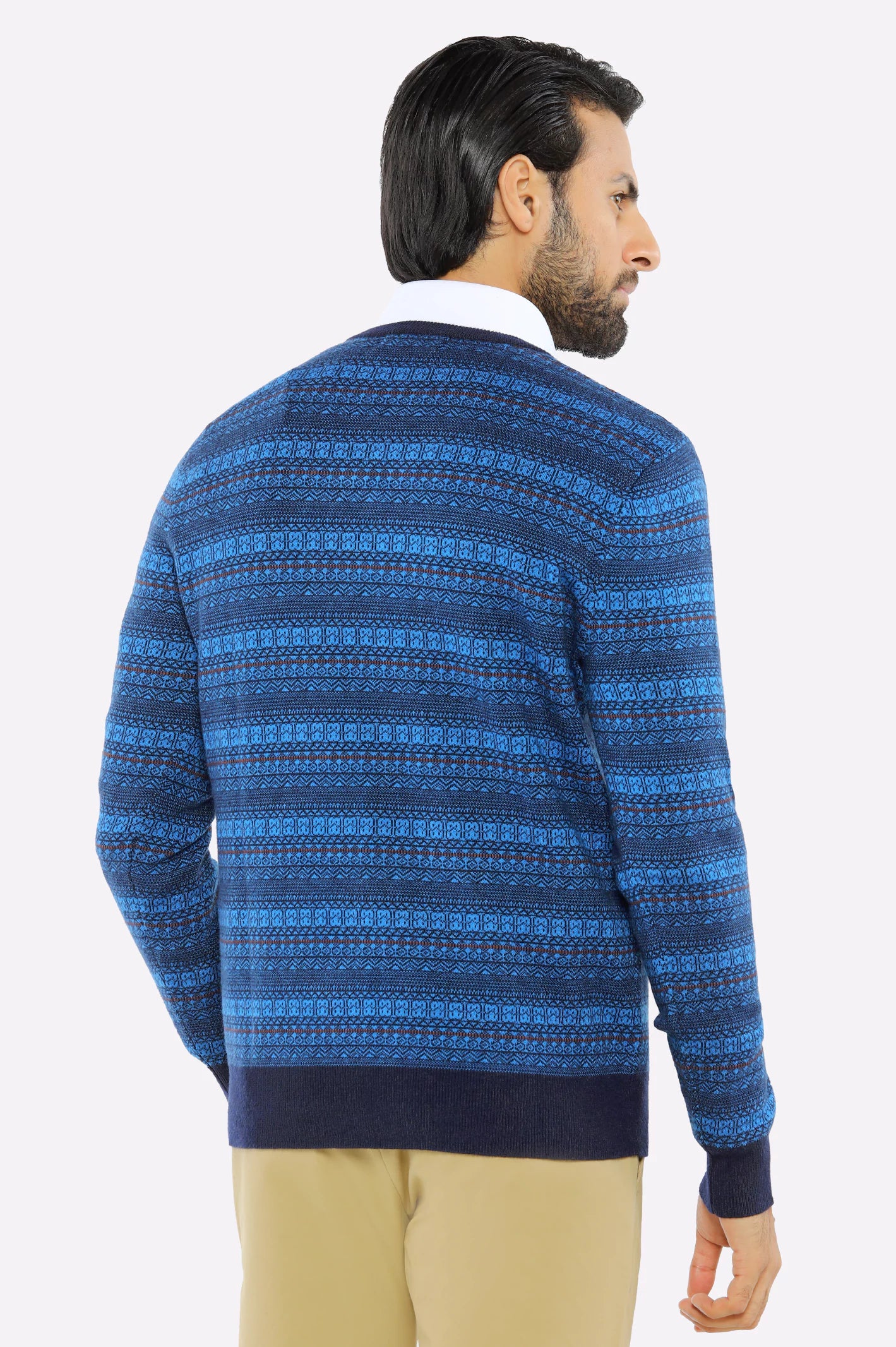 Men V-neck Multi Blue Sleeves Sweater - Image 3