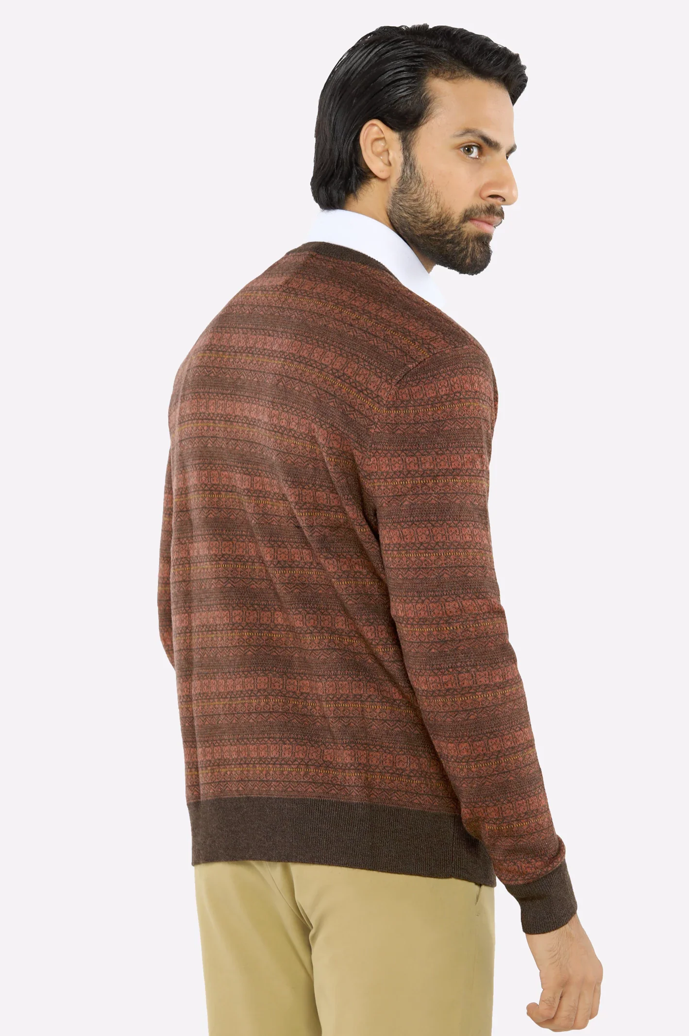 Men V-neck Multi Brown Sleeves Sweater - Image 3