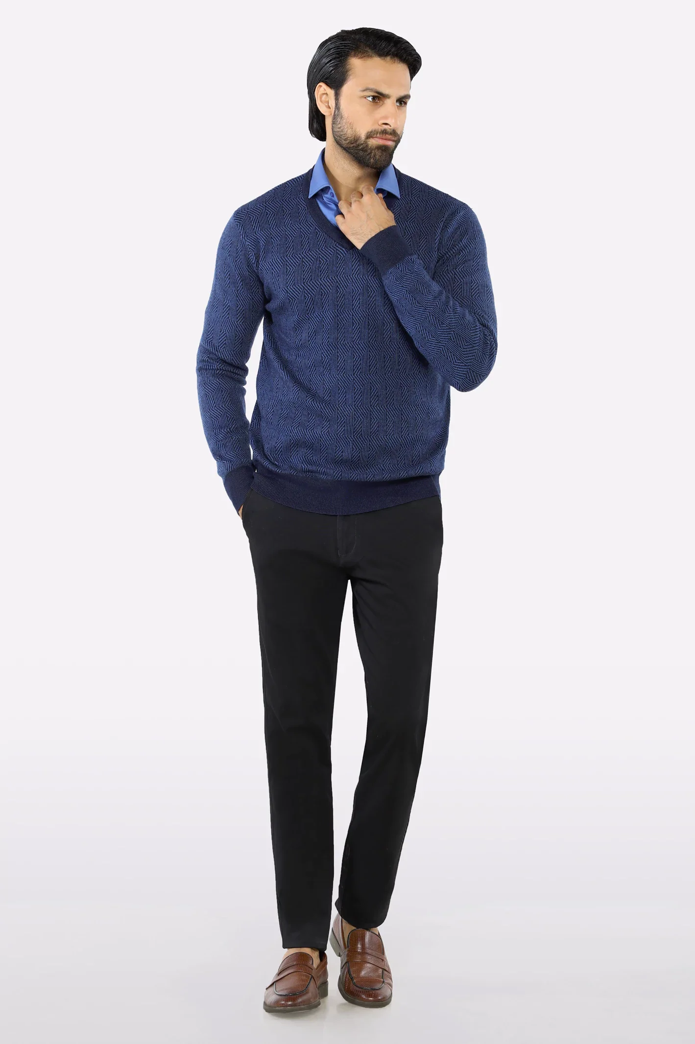 Men V-neck Dark Blue Sleeves Sweater - Image 2