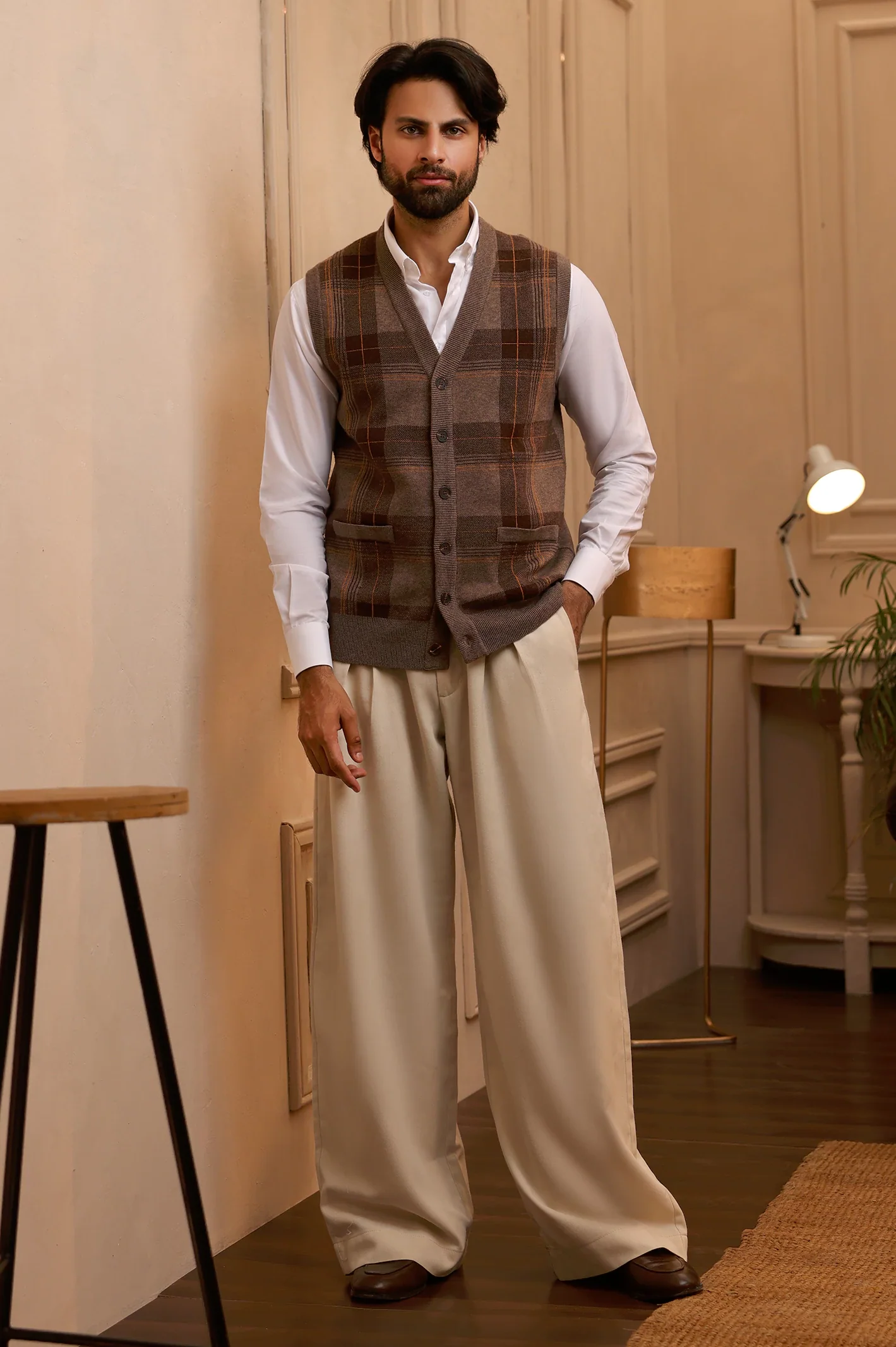 Men Sleeveless Light Brown Cardigan - Image 2