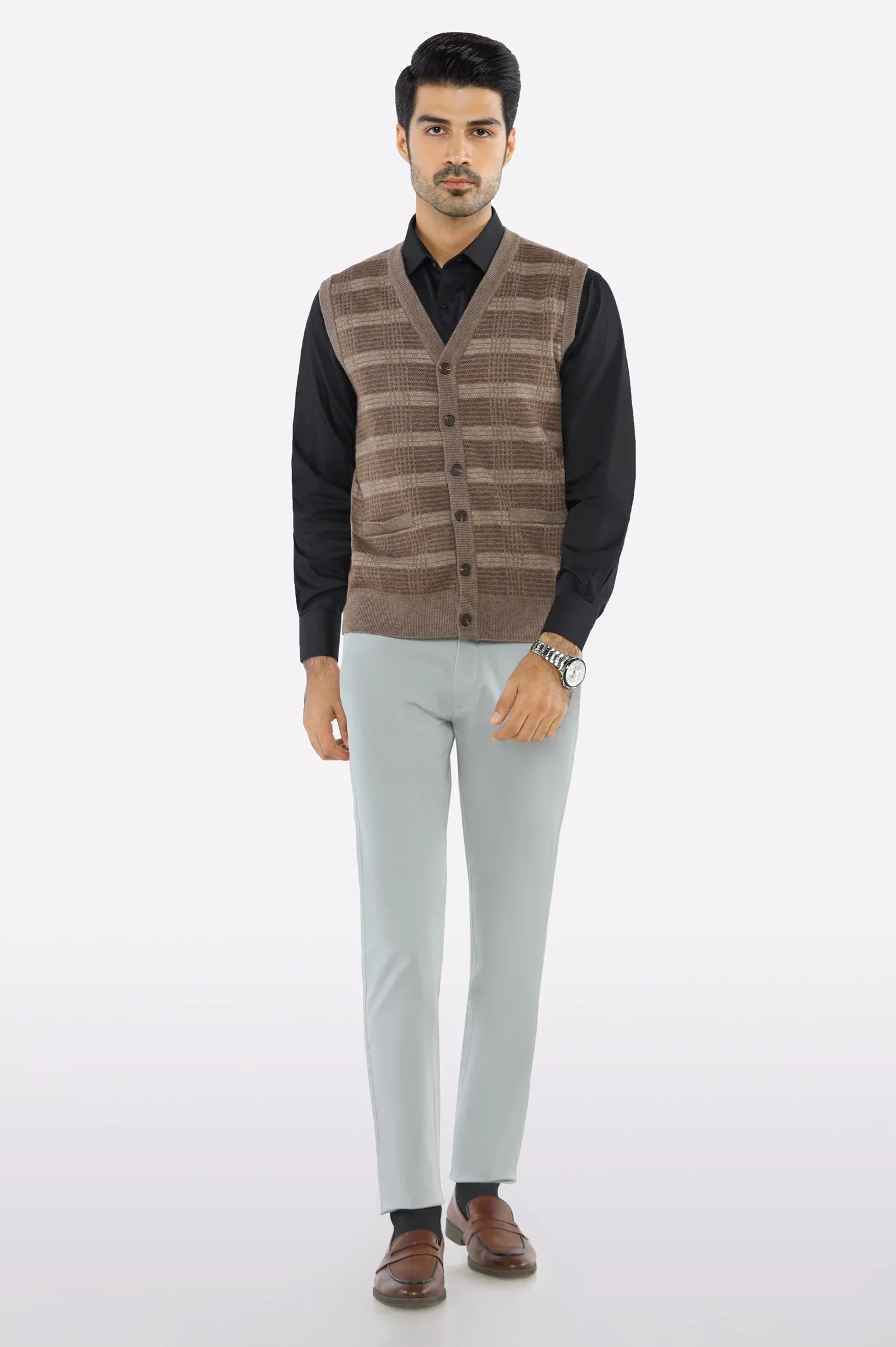 Men Light Brown Sleeveless Cardigan - Image 2