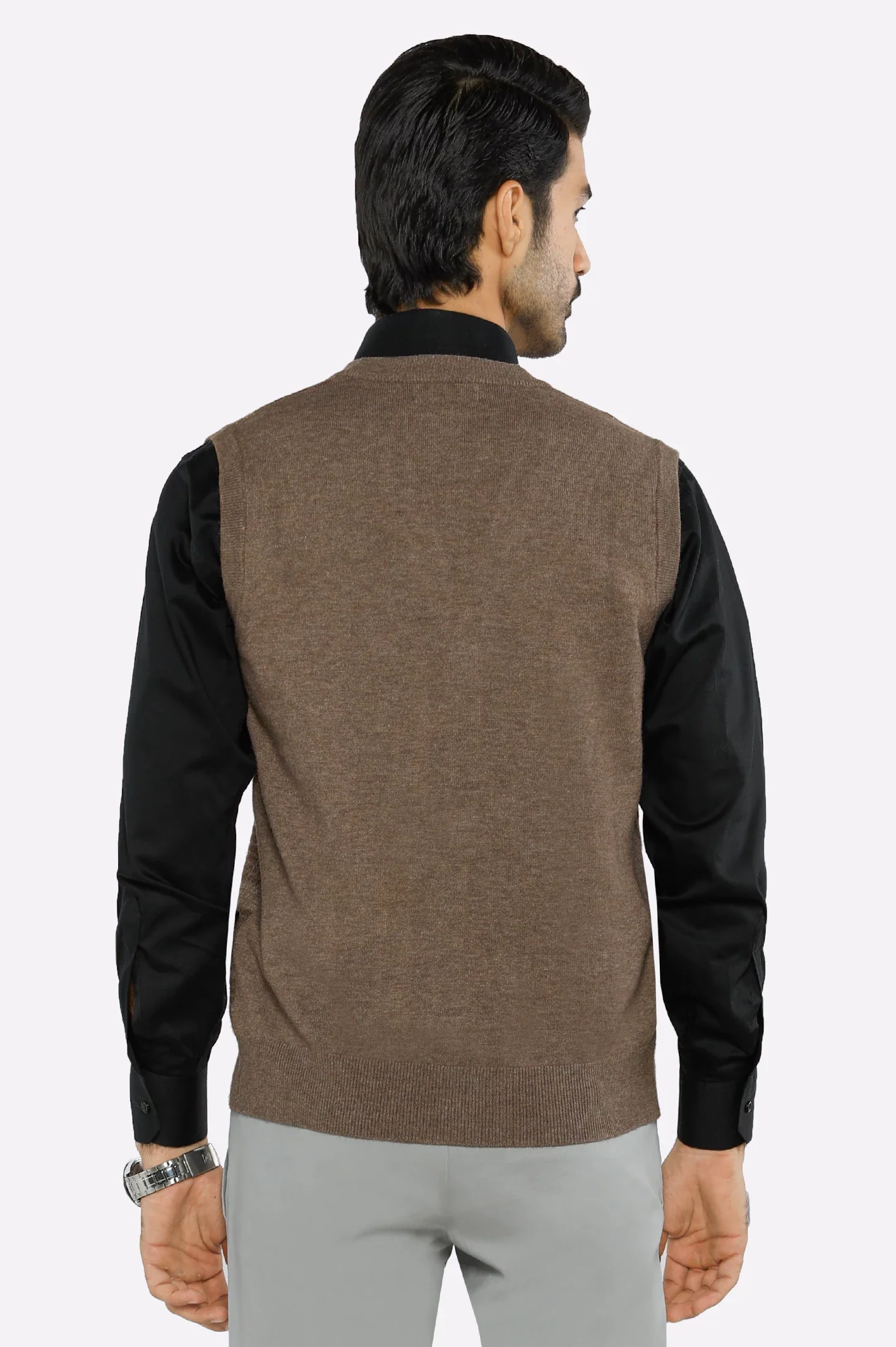 Men Light Brown Sleeveless Cardigan - Image 3