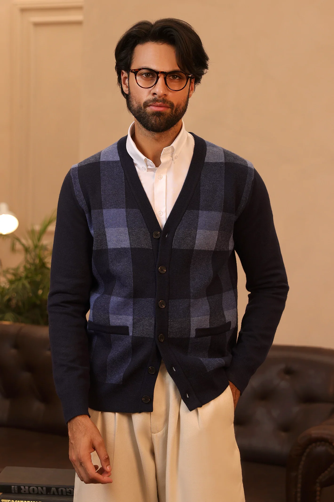 Men Full Sleeves multi Navy Cardigan
