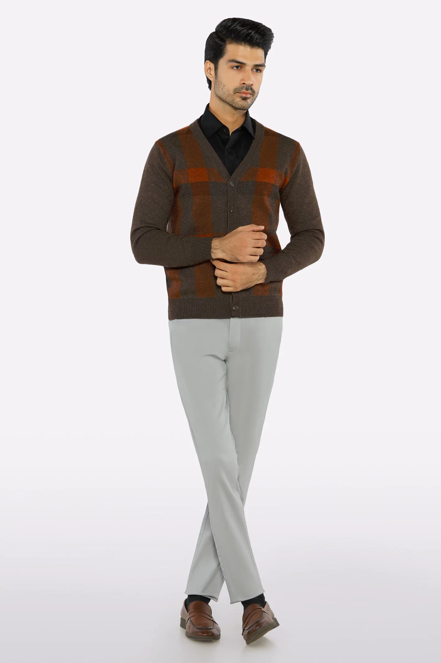 Men Full Sleeves Brown Cardigan - Image 2