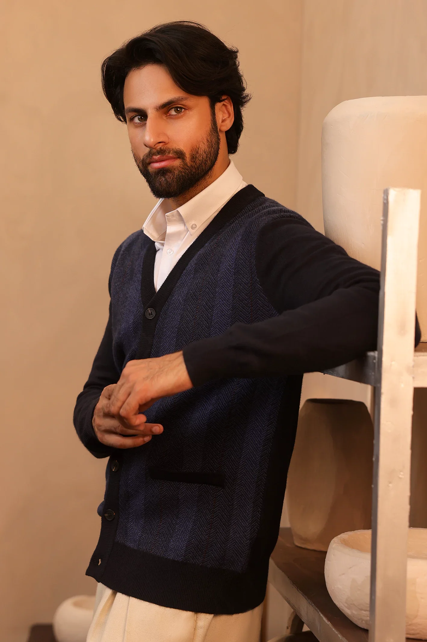 Men Full Sleeves Navy Cardigan - Image 3