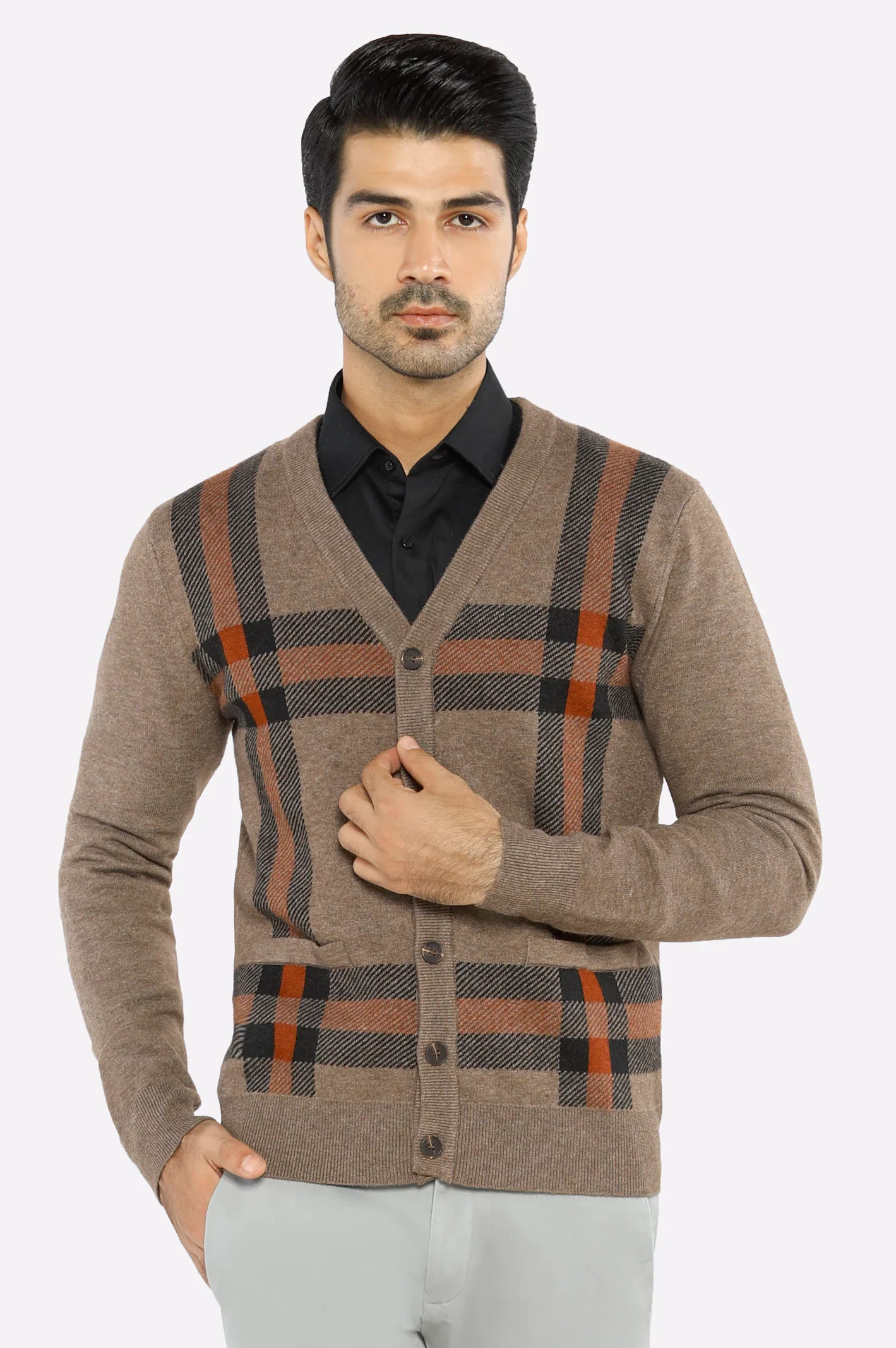 Men Full Sleeves Light Brown Cardigan - Image 3