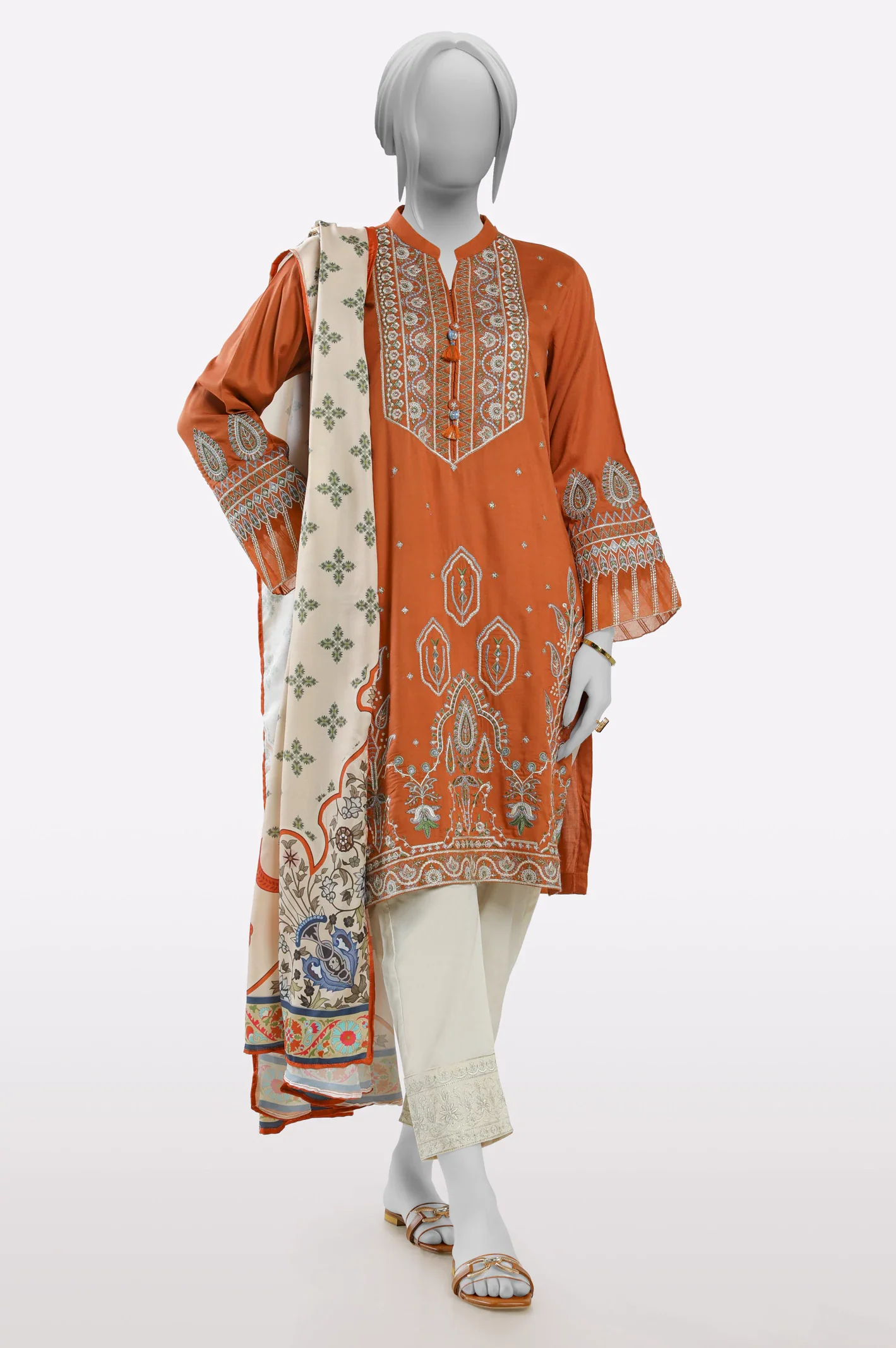 Rust Embroidered Kurti With Dupatta