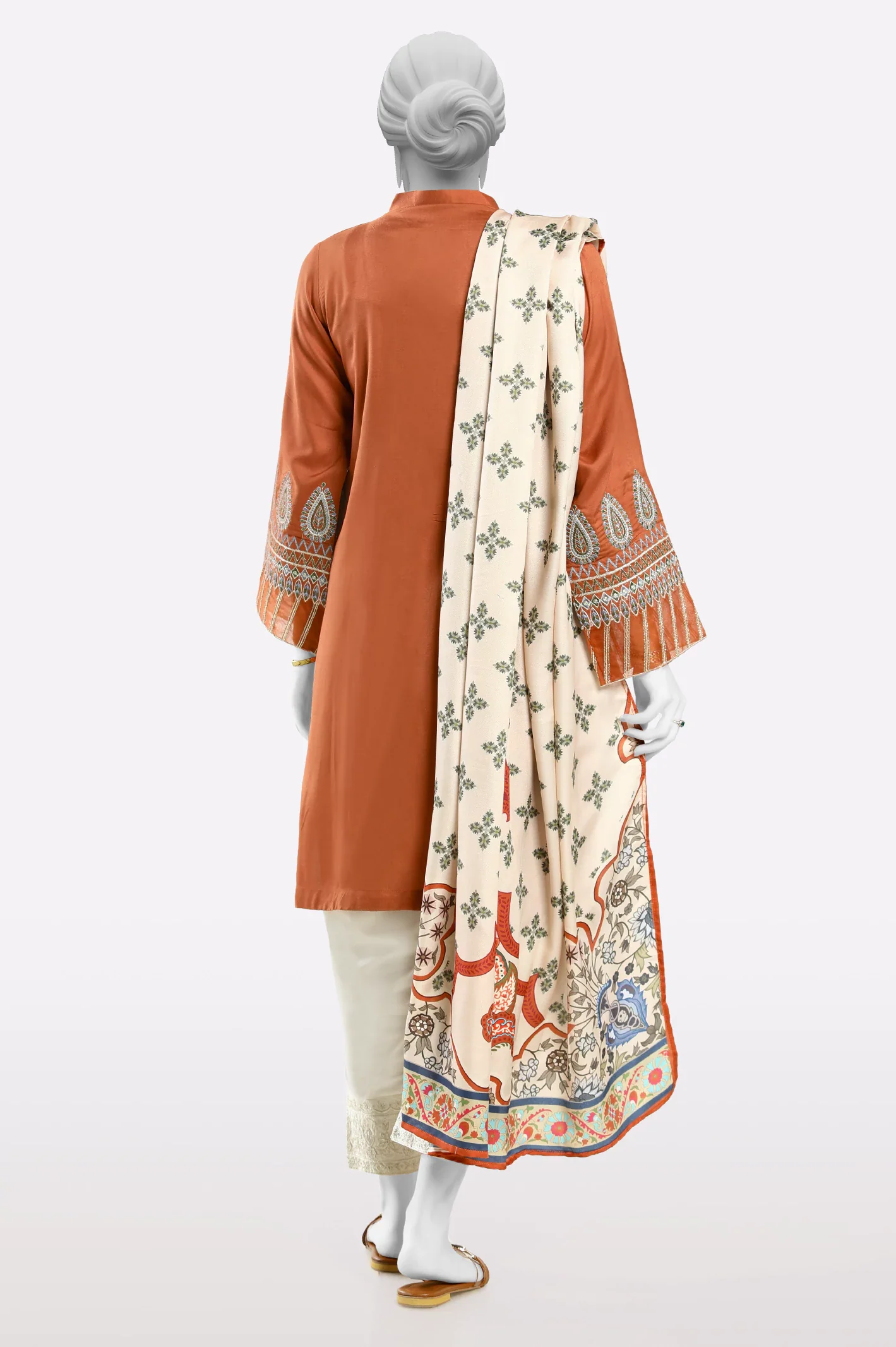 Rust Embroidered Kurti With Dupatta - Image 3