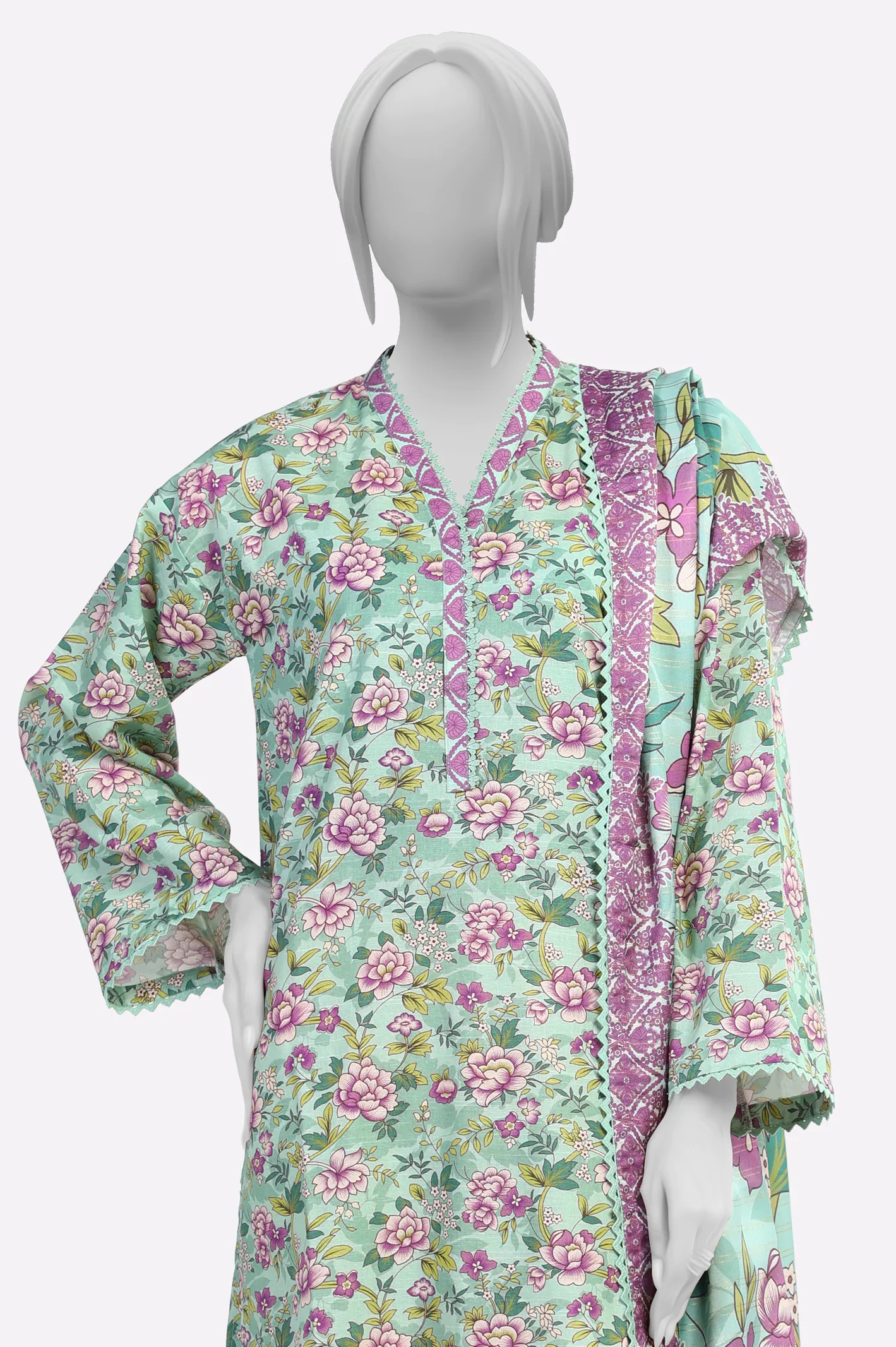 Sea Green Printed Kurti With Dupatta - Image 2