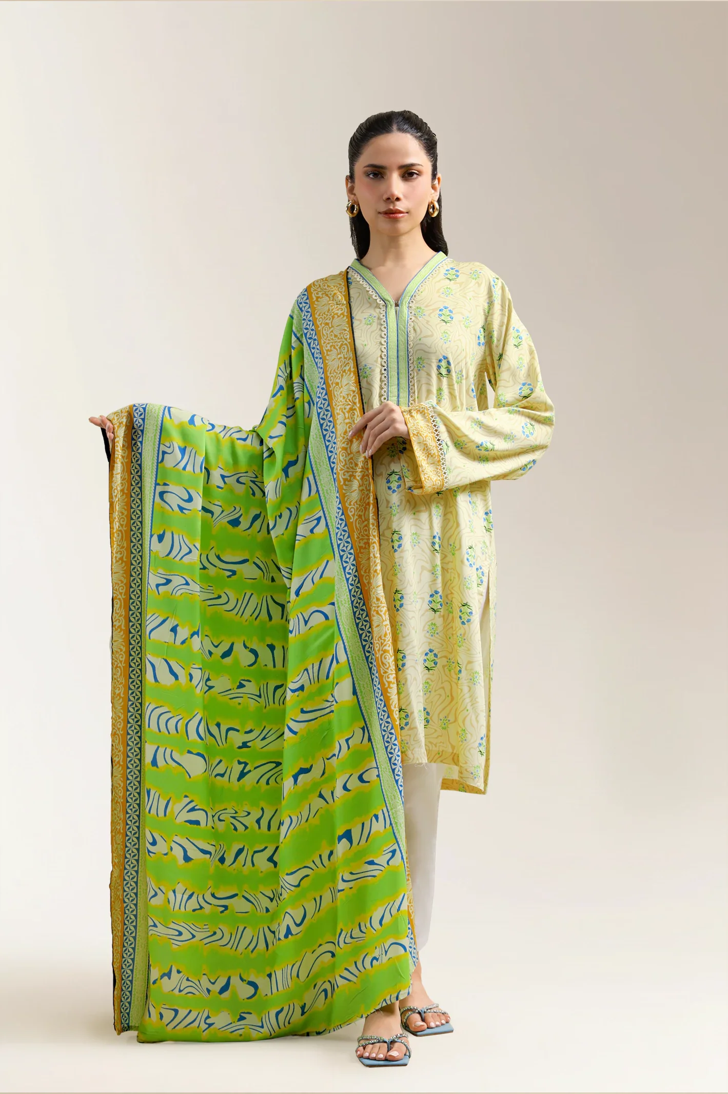 Cream Printed Kurti With Dupatta