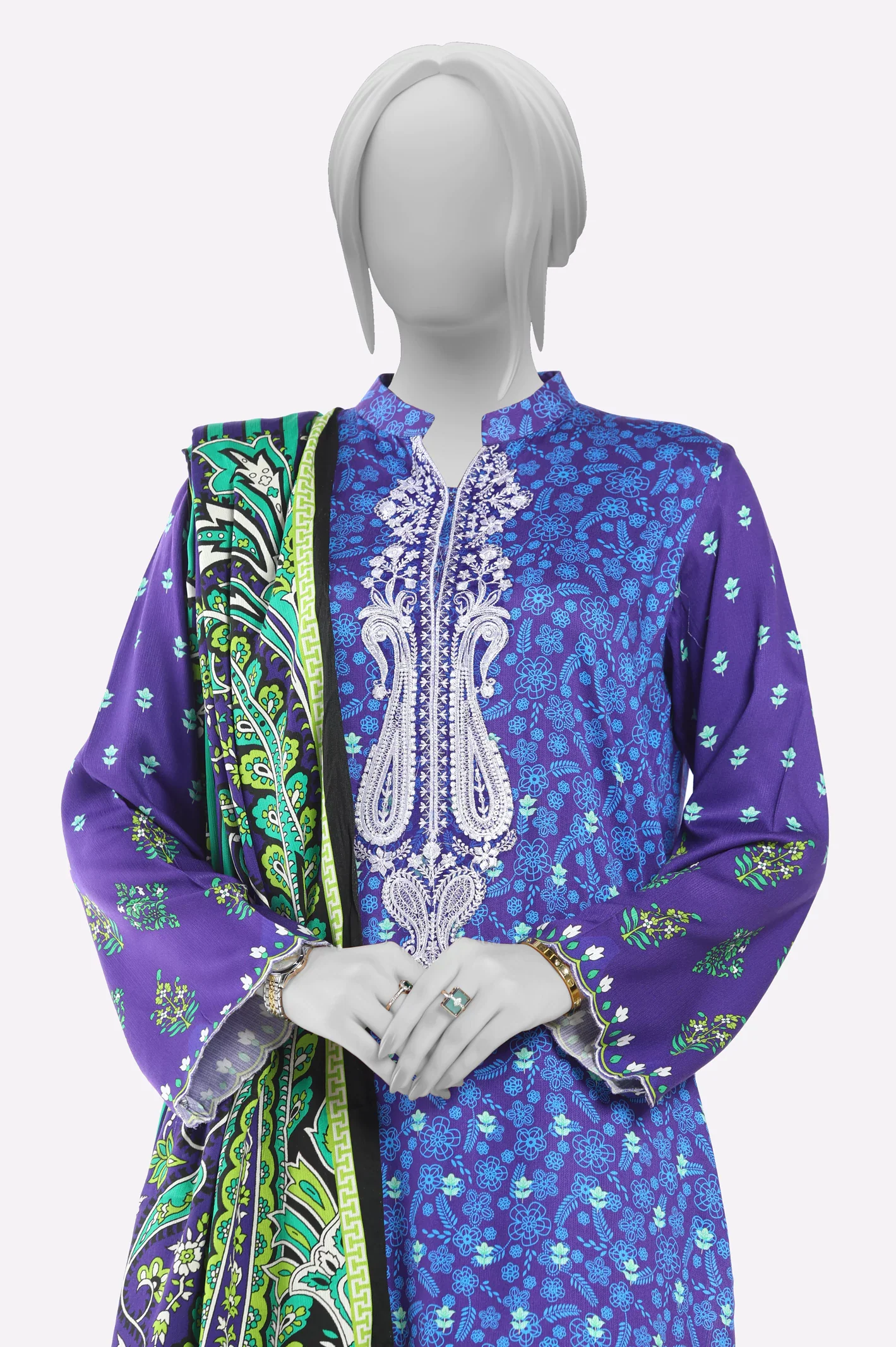 Purple Printed Embroidered Kurti With Dupatta - Image 2